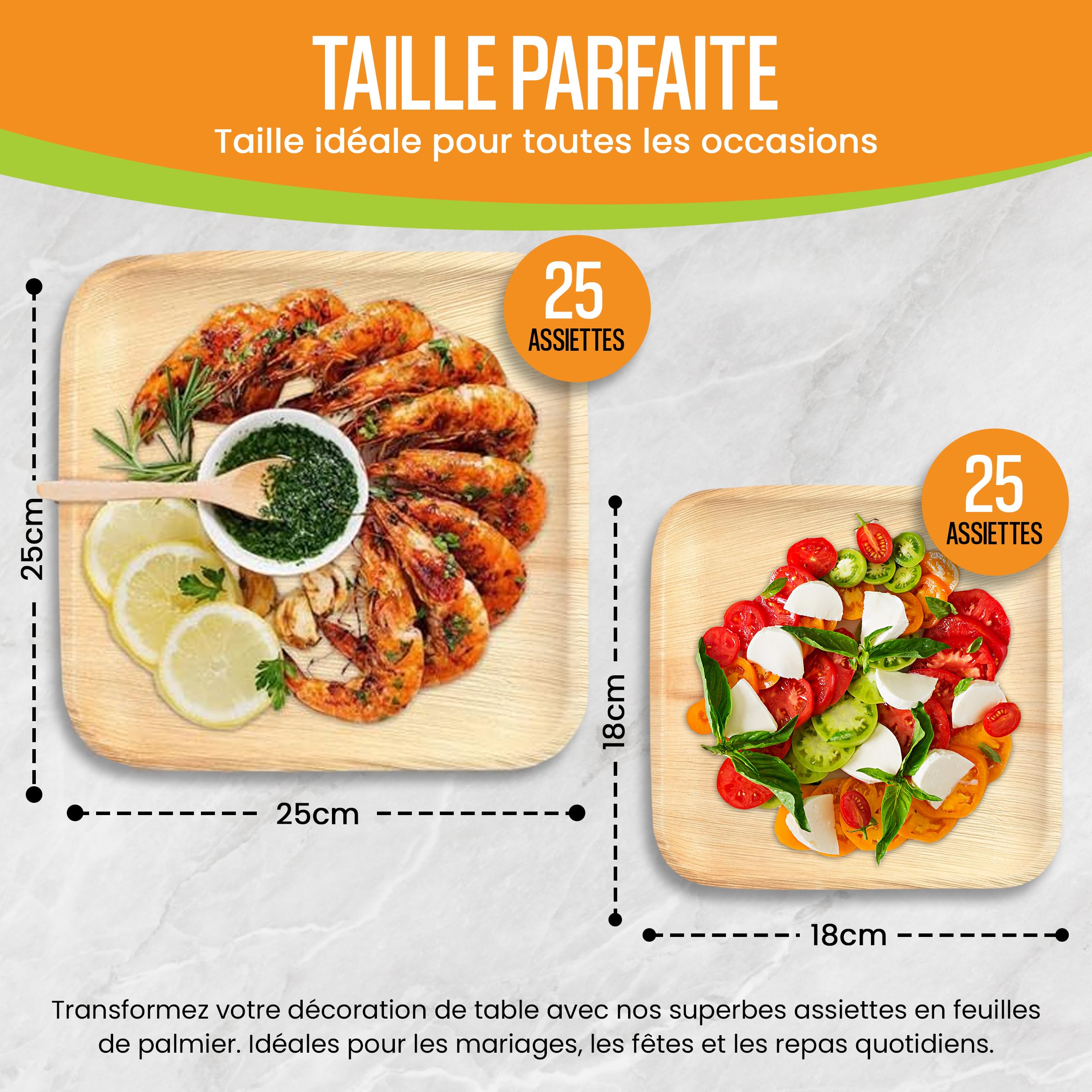 Raj Assiettes en Feuille de Palmier [Lot de 50] Assiettes Carrées 25 cm & 18 cm - Vaisselle Jetable Solide et Élégante pour Fêtes, Mariages, BBQ, Camping et Pique-niques