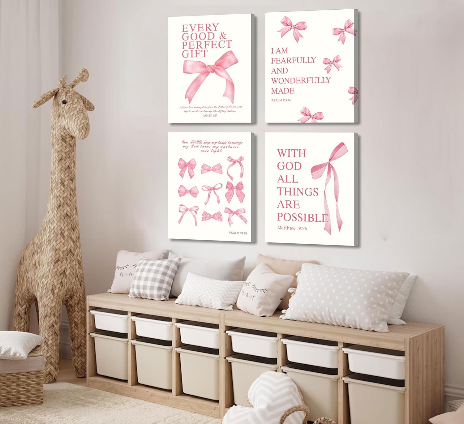 4Pcs Pink Bow Canvas Wall Art Christian Aesthetic Pictures Bible Verses Posters Prints Eclectic Teen Girl Coquette Painting Preppy Wall Decor for Bedroom Dorm College Apartment 8x10in Framed
