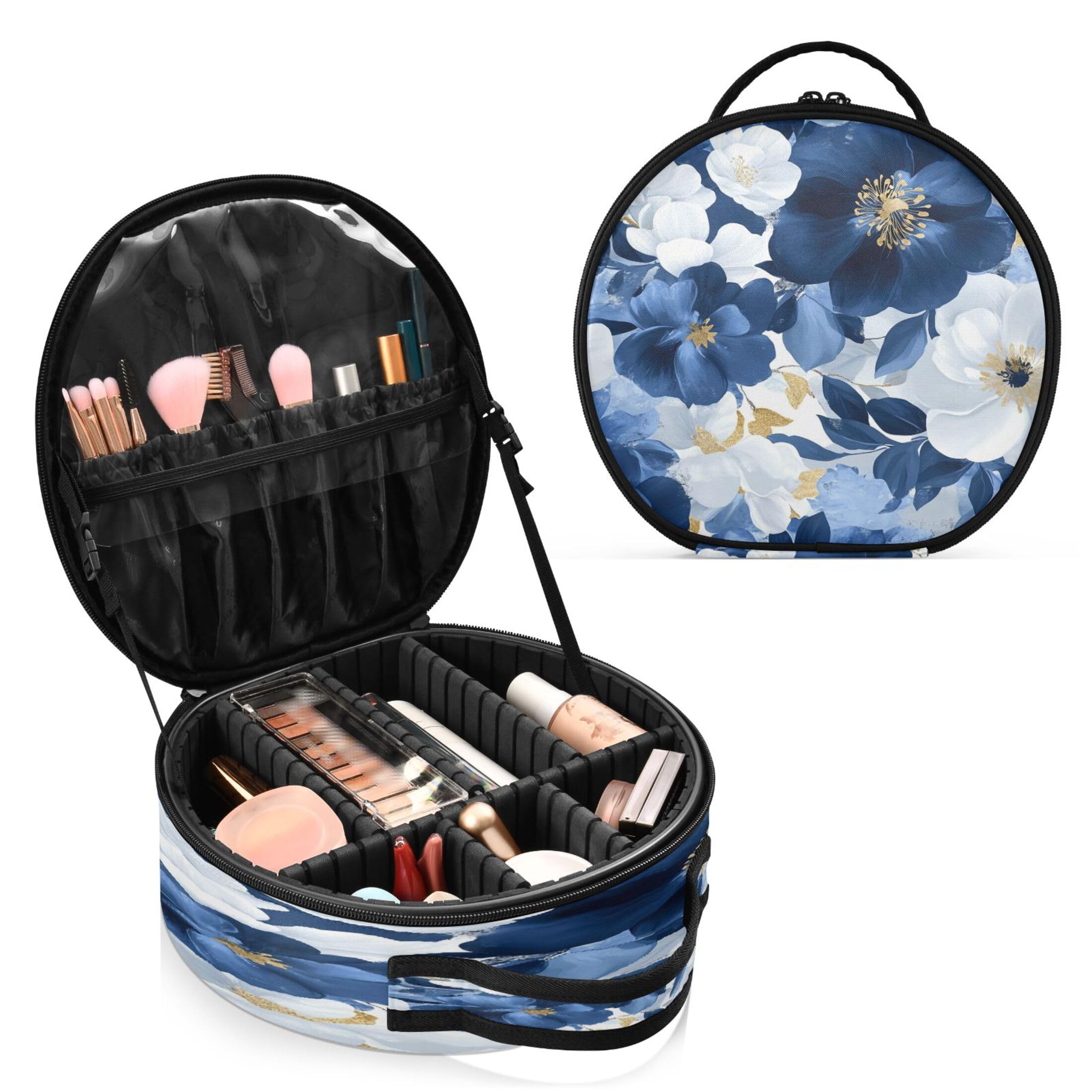 Takiito Blue White Flowers Travel Makeup Case Portable Makeup Box Artist Cosmetic Case Organizer With Adjustable Dividers