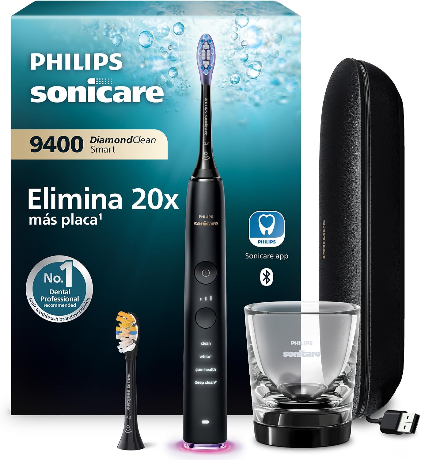 Philips Sonicare DiamondClean Smart 9400, cepillo dental eléctrico, sónico con aplicación, sensor de presión, detección de cabezal de cepillado, negro, modelo HX9917/89