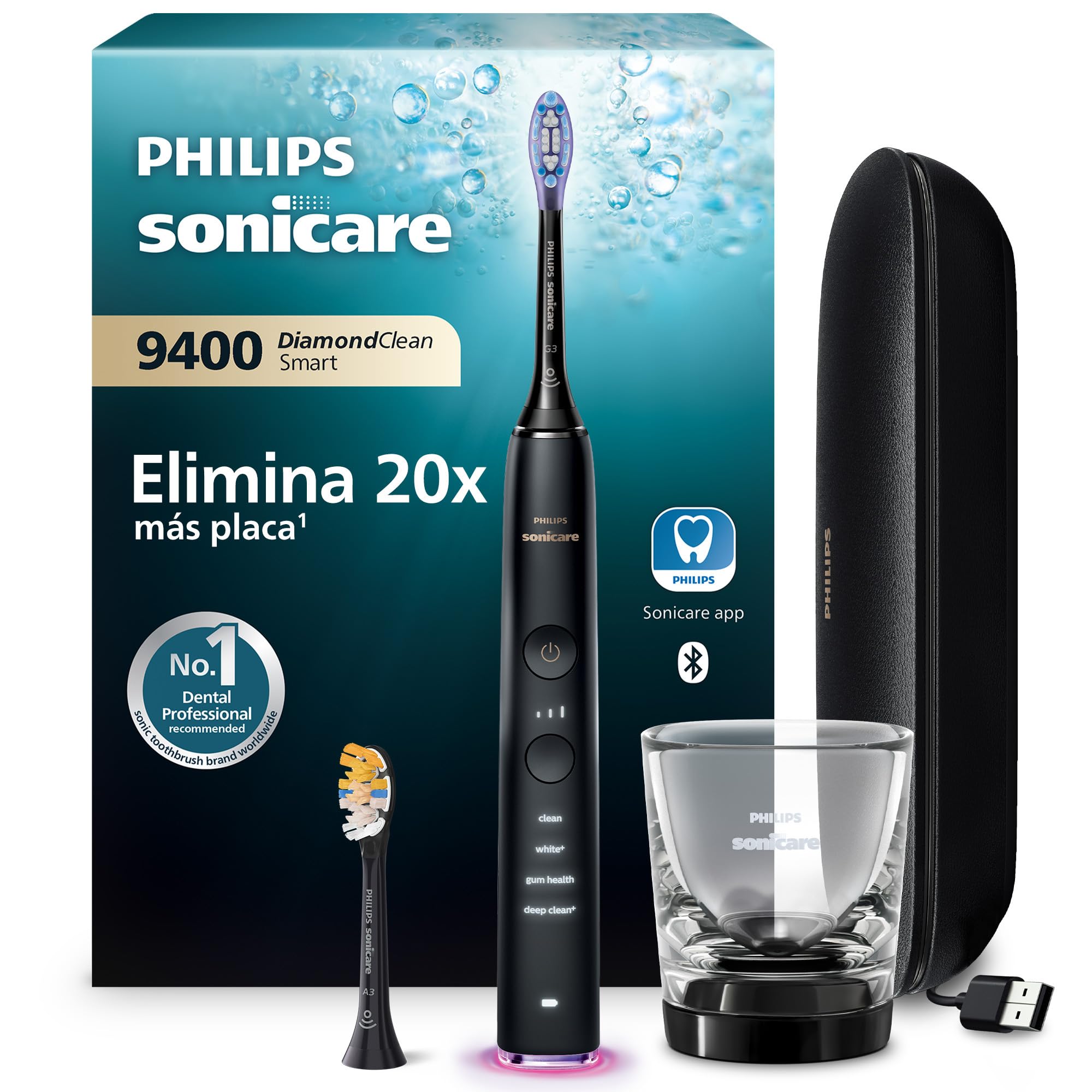 Philips Sonicare DiamondClean Smart 9400, cepillo dental eléctrico, sónico con aplicación, sensor de presión, detección de cabezal de cepillado, negro, modelo HX9917/89