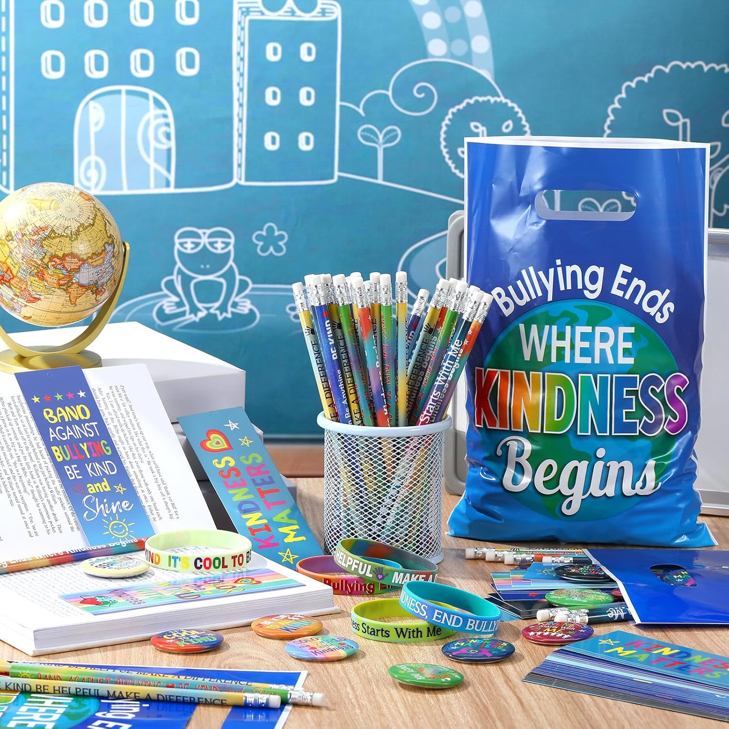 50 Sets / 250 Pcs Be Kind Accessories Bulk Kindness Matters Prevention Bullying Item Include 50 Plastic Goody Treat Bag 50 Silicone Wristband Wood Pencil Bookmark Button Pin for School