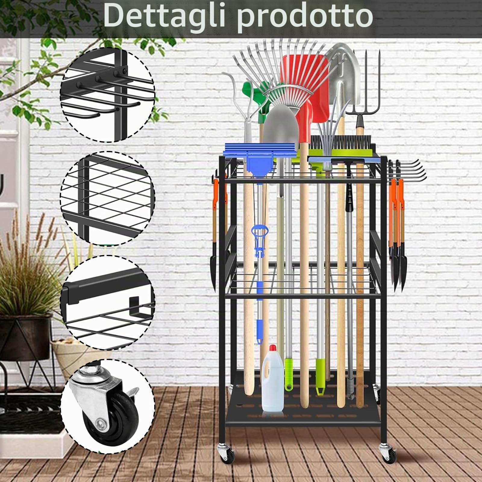 Porta Attrezzi, Porta Attrezzi da Giardino con Ruota Universale 43 x 30 x 81,3 cm Porta Scope Nero con 6 Ganci Laterali Lunghi e 3 Ganci Portaoggetti per Garage Giardini Capannoni