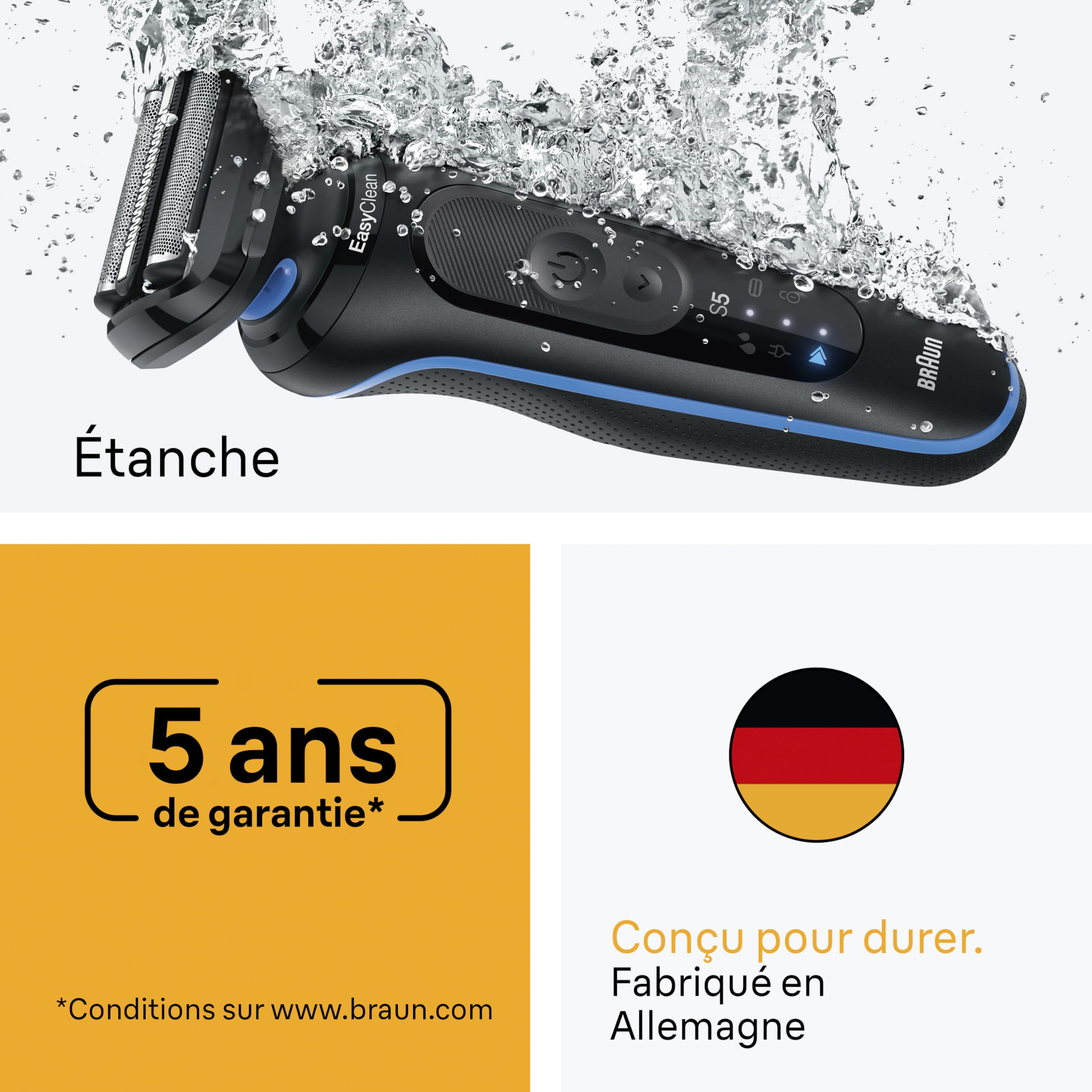 Braun Rasoir Electrique Homme Series 5 52-B1600S, Bleu | Etanche, Batterie Rechargeable, 2 Modes de Rasage, Lames Flexibles, sans Fil, Kit avec Accessoire Tondeuse pour le Corps