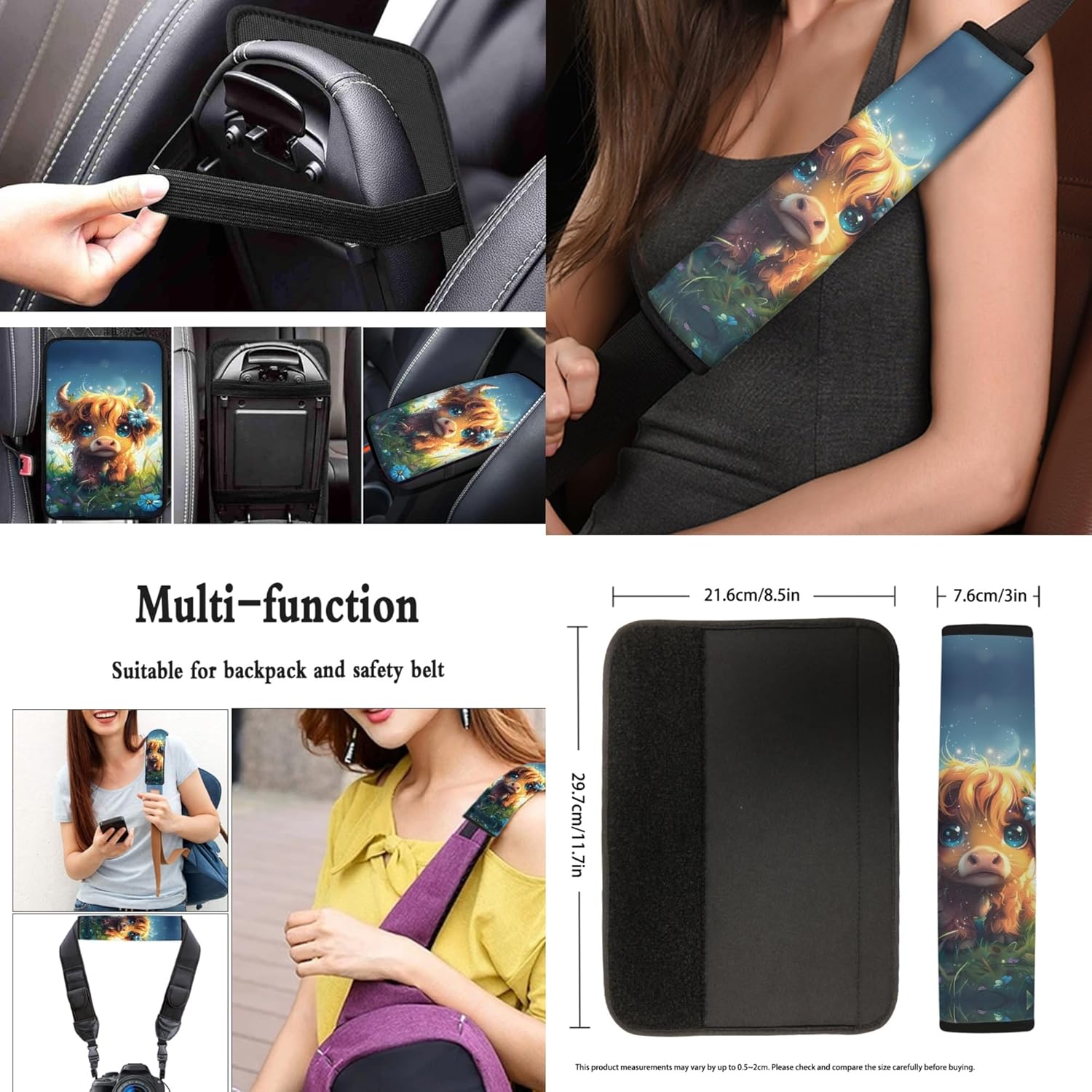 Cute Highland Cow Car Seat Cover Full Set with Steering Wheel Cover Seat Belt Strap Pads Armrest Pad Coasters Keychain Lipstick Holder 13 PCS Automobile Accessory Interior Decor
