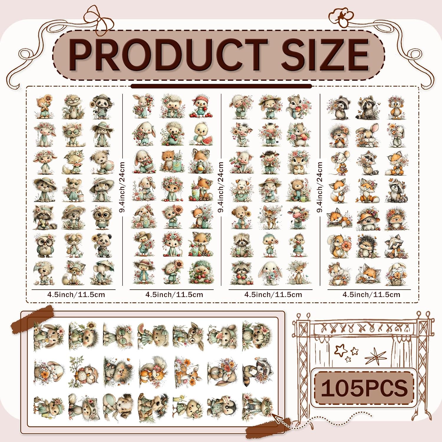 105PCS Cute Animals UV DTF Stickers for Keychains