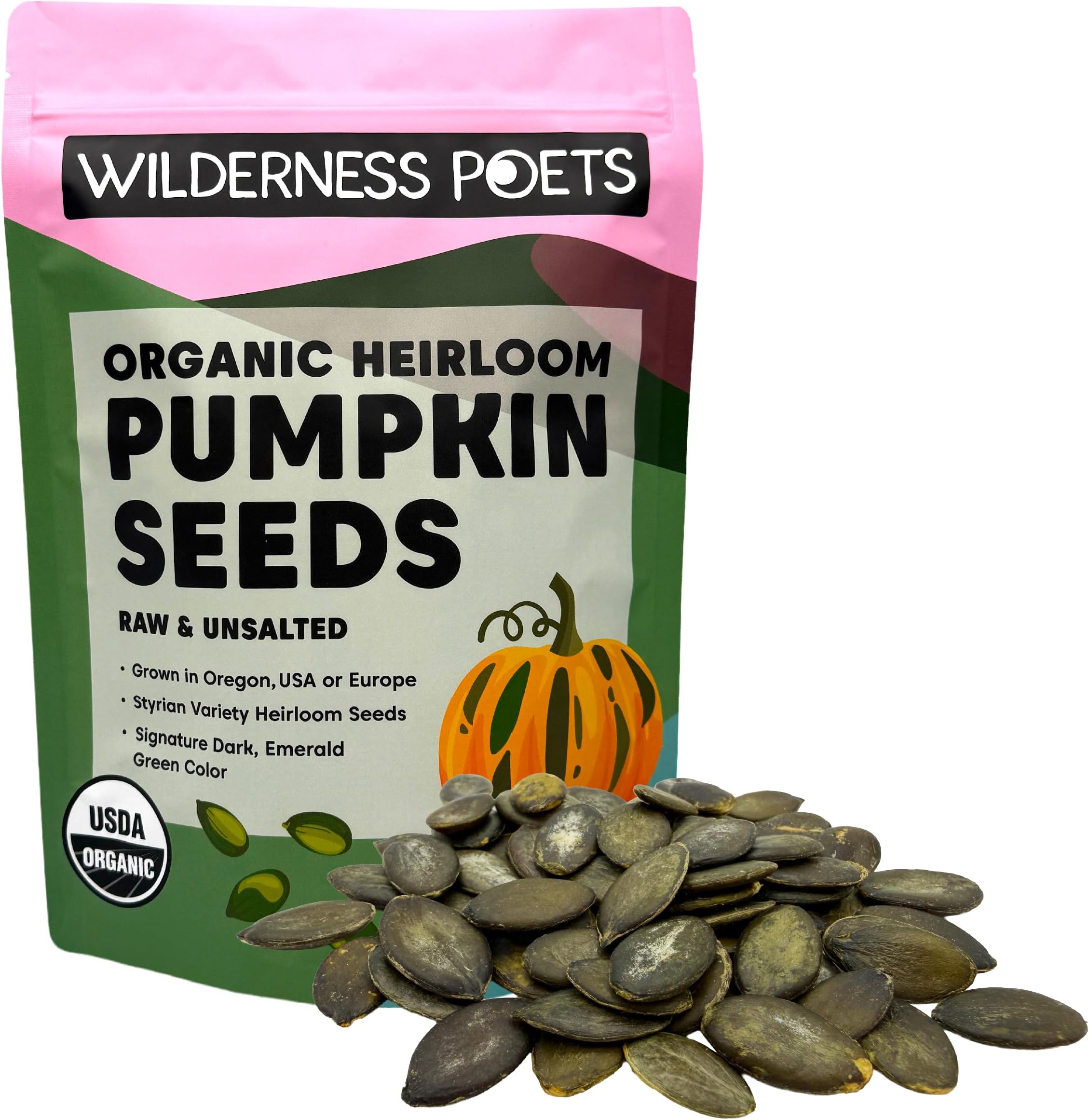 Wilderness Poets, Organic Heirloom Pumpkin Seeds - Styrian Variety, No Shells, Naturally Hulless. Unsalted, Bulk Size, Grown in Oregon, USA or Europe (32 Ounce - 2 Pound)