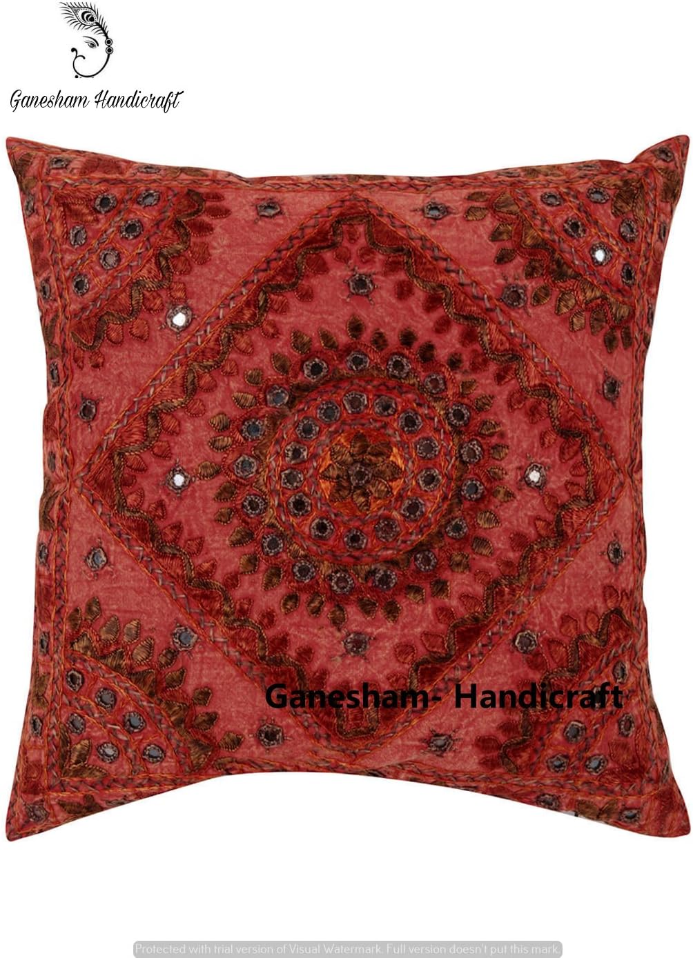 GANESHAM HANDICRAFT - Indian Handmade Boho Decor, Bohemian Throw Pillowcases Hand Embroidered Decorative Mirror Work Boho Sofa Pillow Home Decor Cushion Cover, 16x16'