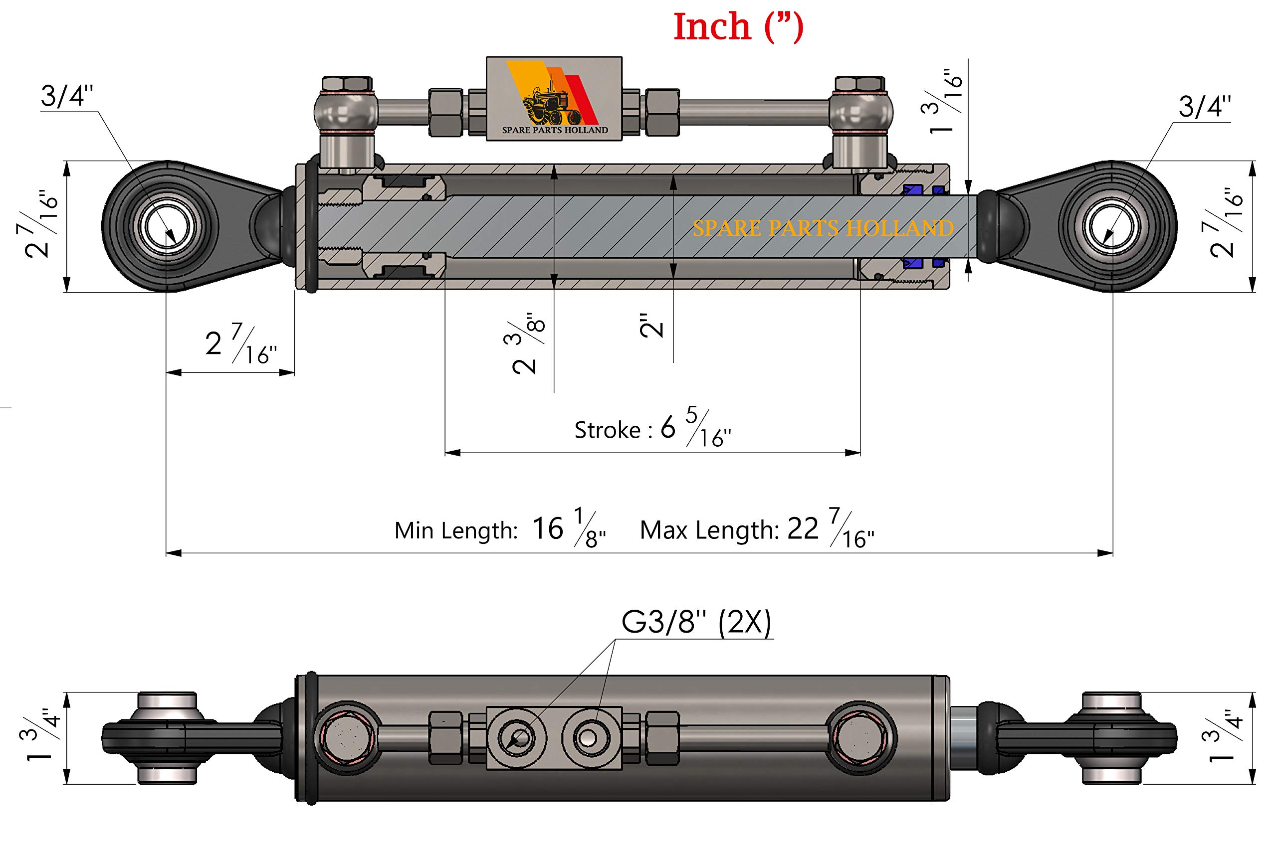 Tercer Punto Hidráulico Cat 1-1 (410-570 mm) con Bloque de Bloqueo y 2 Mangueras