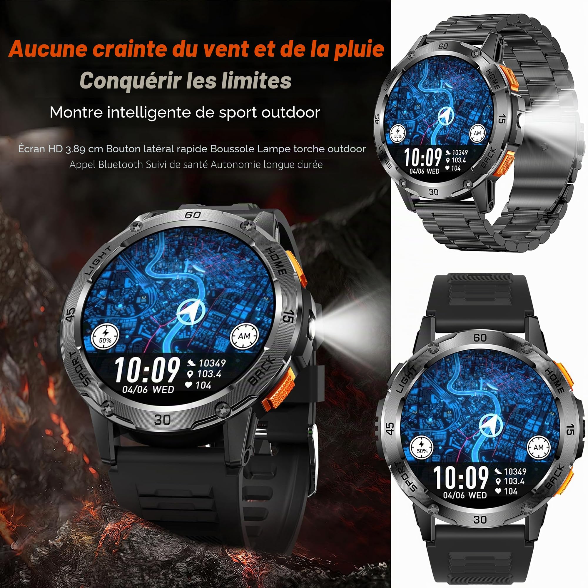 Montre intelligente pour homme Bluetooth 400 mAh Grande batterie AMOLED 5 ATM Fitness SpO2 Podomètre pour iOS