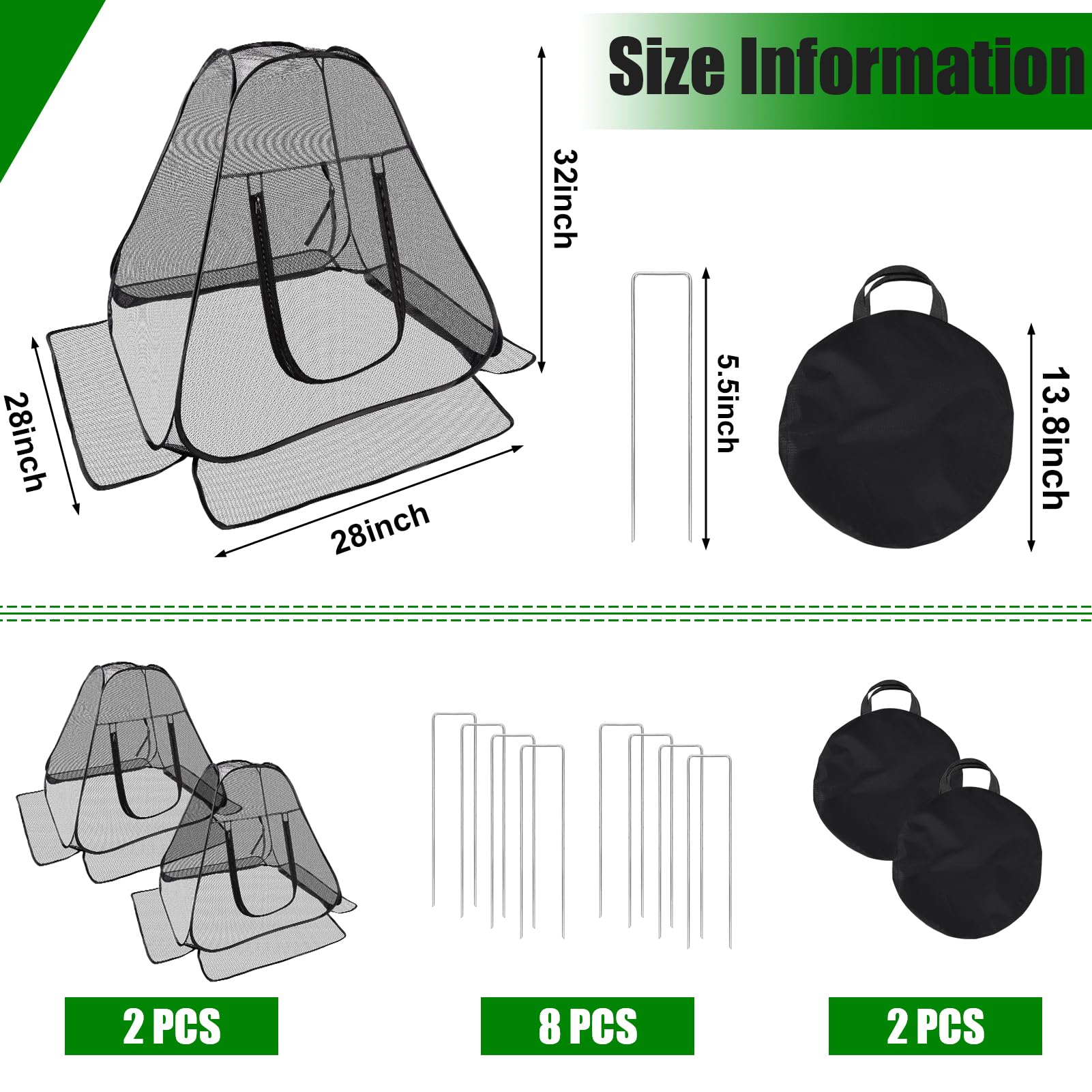 RGQSUN 2 Pack 28 x 28 x 32 Inch Pop-up Gardening Net Cover,Pest Guard Cover with Zip Entry and 8 Stakes,Fine Mesh Plant Tents for Vegetables Fruits Flowers