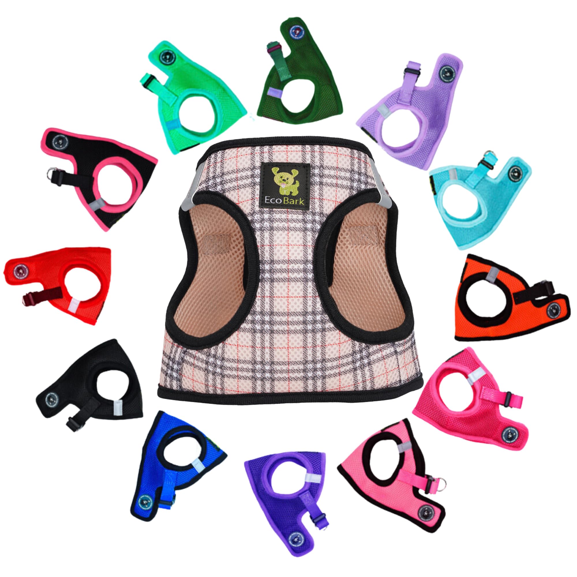 EcoBark Step in Dog Harness - Reflective and Adjustable Body Halter Vest - Soft Mesh Harness (Beige Plaid)