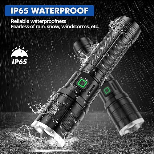 Miniatura 5 de Linterna táctica recargable de 2000 lúmenes, paquete de 2 linternas LED recargables más brillantes con 3 modos y zoomable, linterna impermeable para