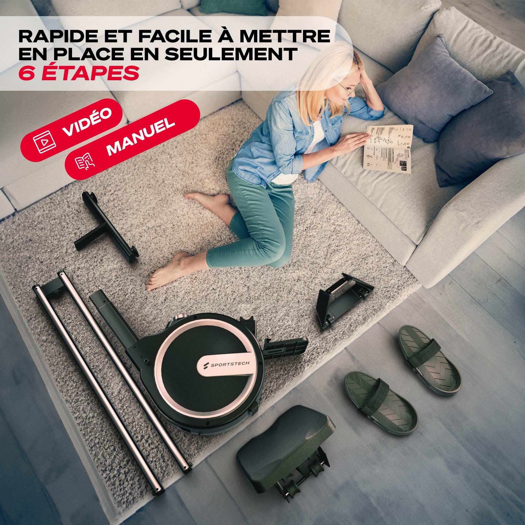 Sportstech PROwer Rameur d’Appartement – 32 Niveaux, Résistance Magnétique, Écran LED, Silencieux, Rail Double, Bluetooth, Support Tablette, Rangement Vertical, Entraînement Complet
