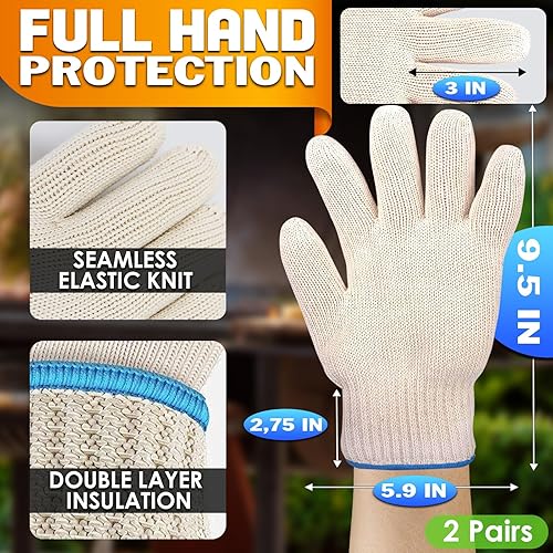Miniatura 2 de 2 Pairs Heat Resistant Gloves for Grilling - 9.45 Inch Durable Aramid Oven Gloves with Fingers - Full Hand Protection, Functionality, Easy to Use,