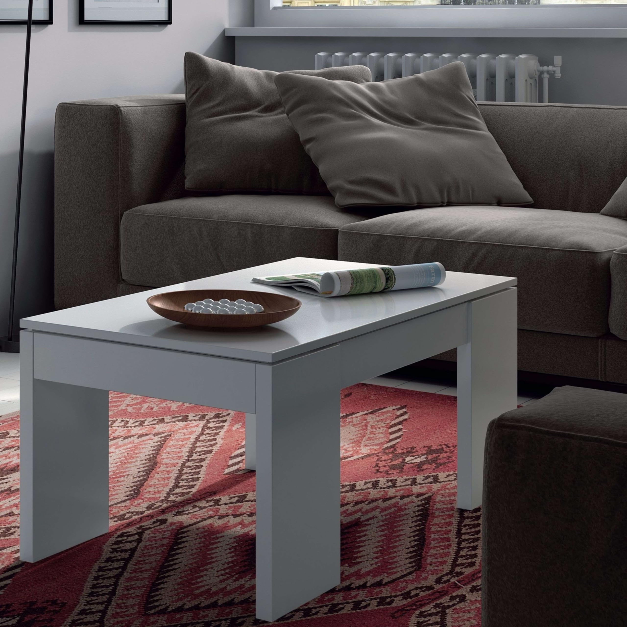 Habitdesign – Mesa de Centro Elevable para Salón Comedor, Mesa de Café con Almacenaje, Color Blanco Brillo, 100x50x43–54 cm - Modelo Kendra
