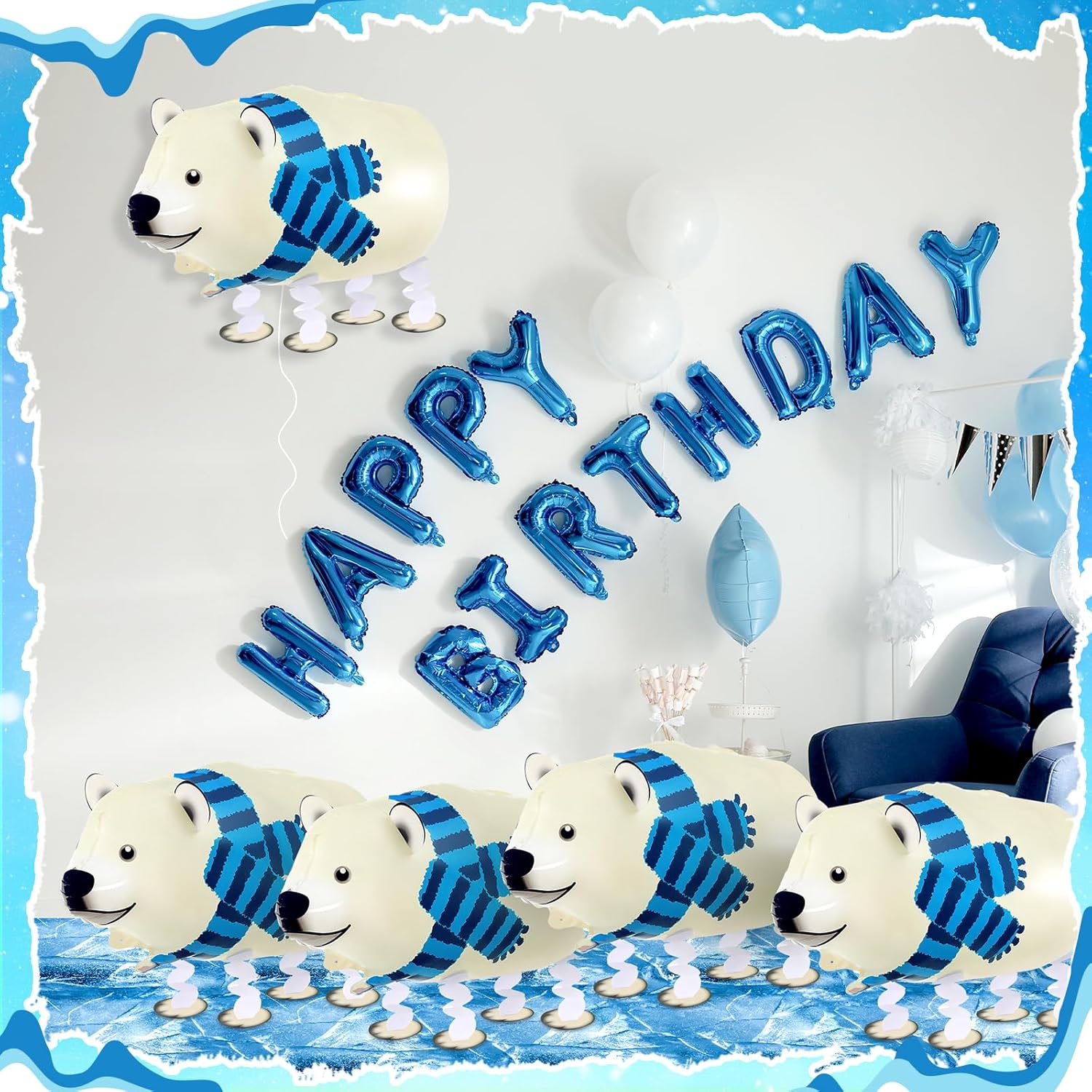 6pcs Winter Polar Bear Party Supplies Includes White Arctic Walking Polar Bear Balloons Ice Tablecloth Inflatable Balloons Decorations for Birthday - Image 4