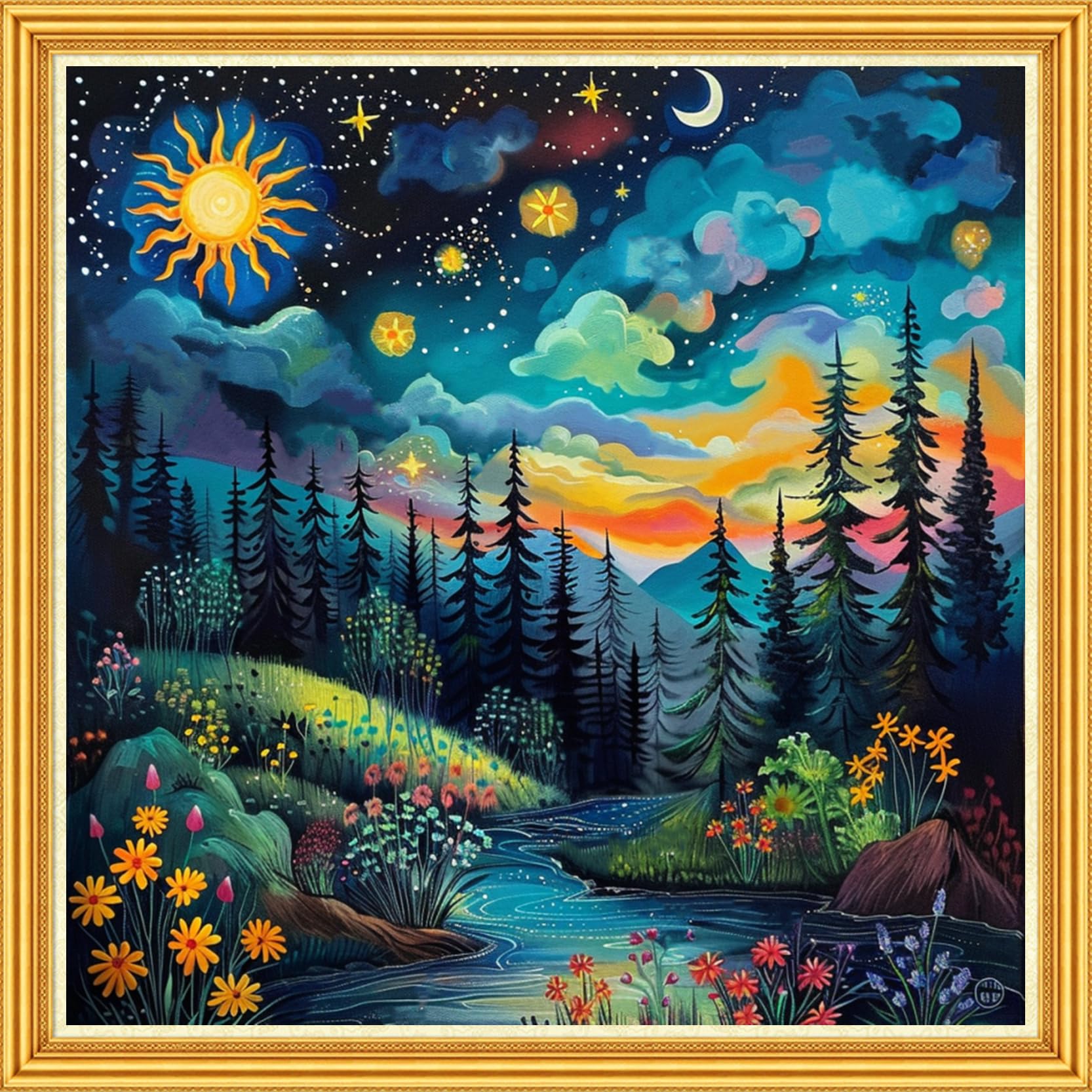 Joyhoor Stamped Cross Stitch Kits for Beginners Needlepoint Kits for Adults Embroidery Kits 11CT Counted Cross Stitch Kits Printed Embroidery Pattern-Forest Night View 18x18 inch