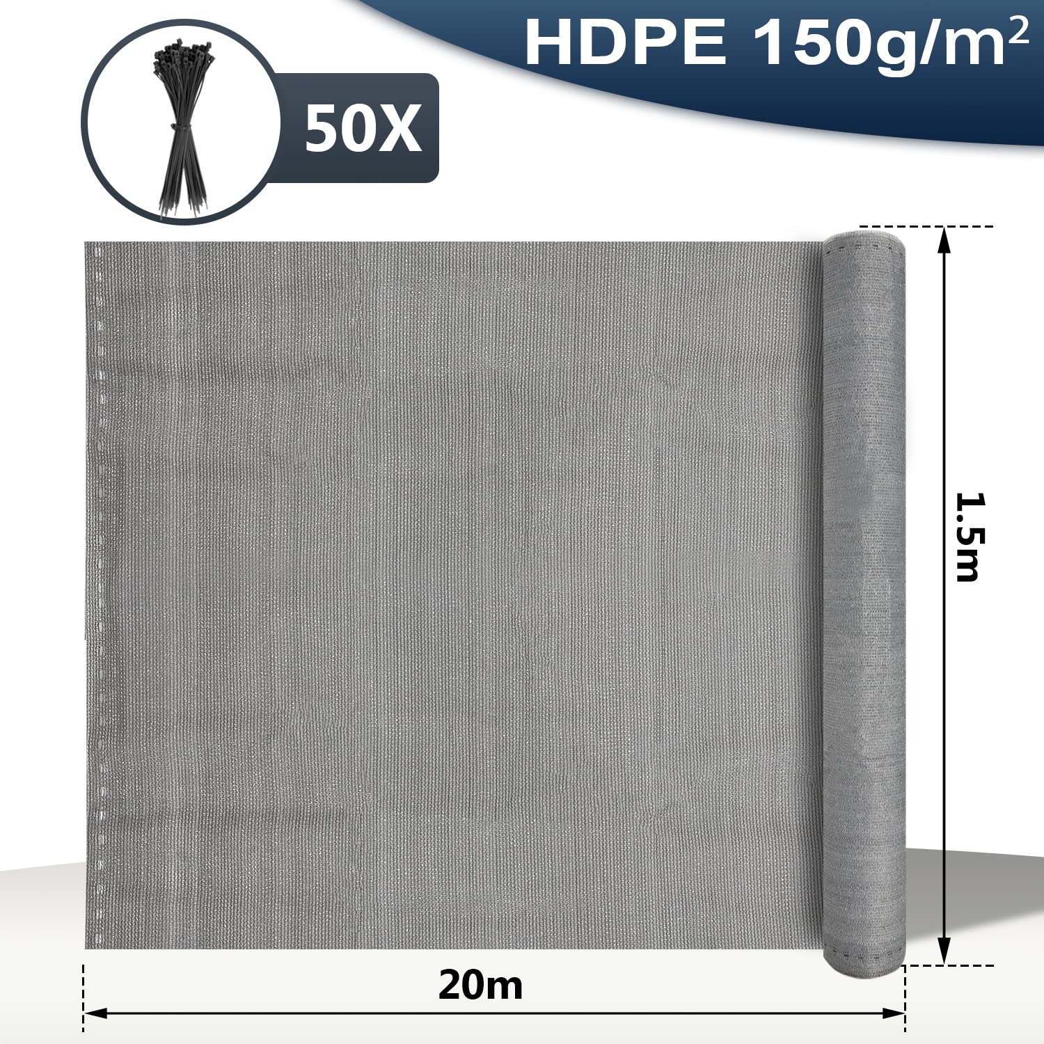Ikodm Privacy 1,5 x 20 m, protezione da sguardi indiscreti per balcone, 150 g/m², HDPE, tessuto ombreggiato, protezione dal vento, antipolvere, protezione solare, pannello oscurante per recinzioni,