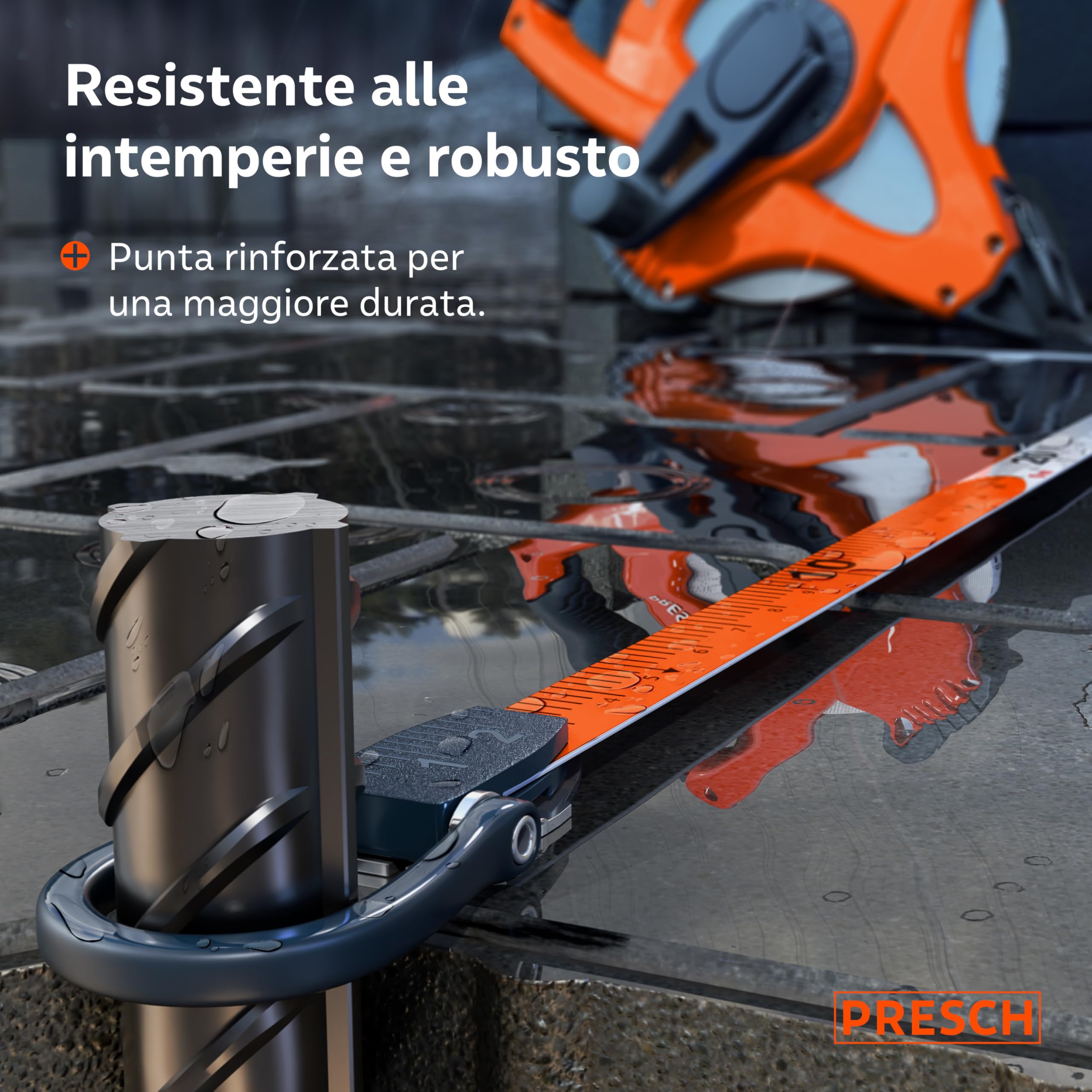 Presch Metro a Nastro 50m – Ritorno Rapido 3:1 – Rotella metrica 50 metri in Fibra di Vetro Resistente – Blocco a Manovella – Presa Sicura con Gancio Multifunzione – Bindella per Uso Professionale