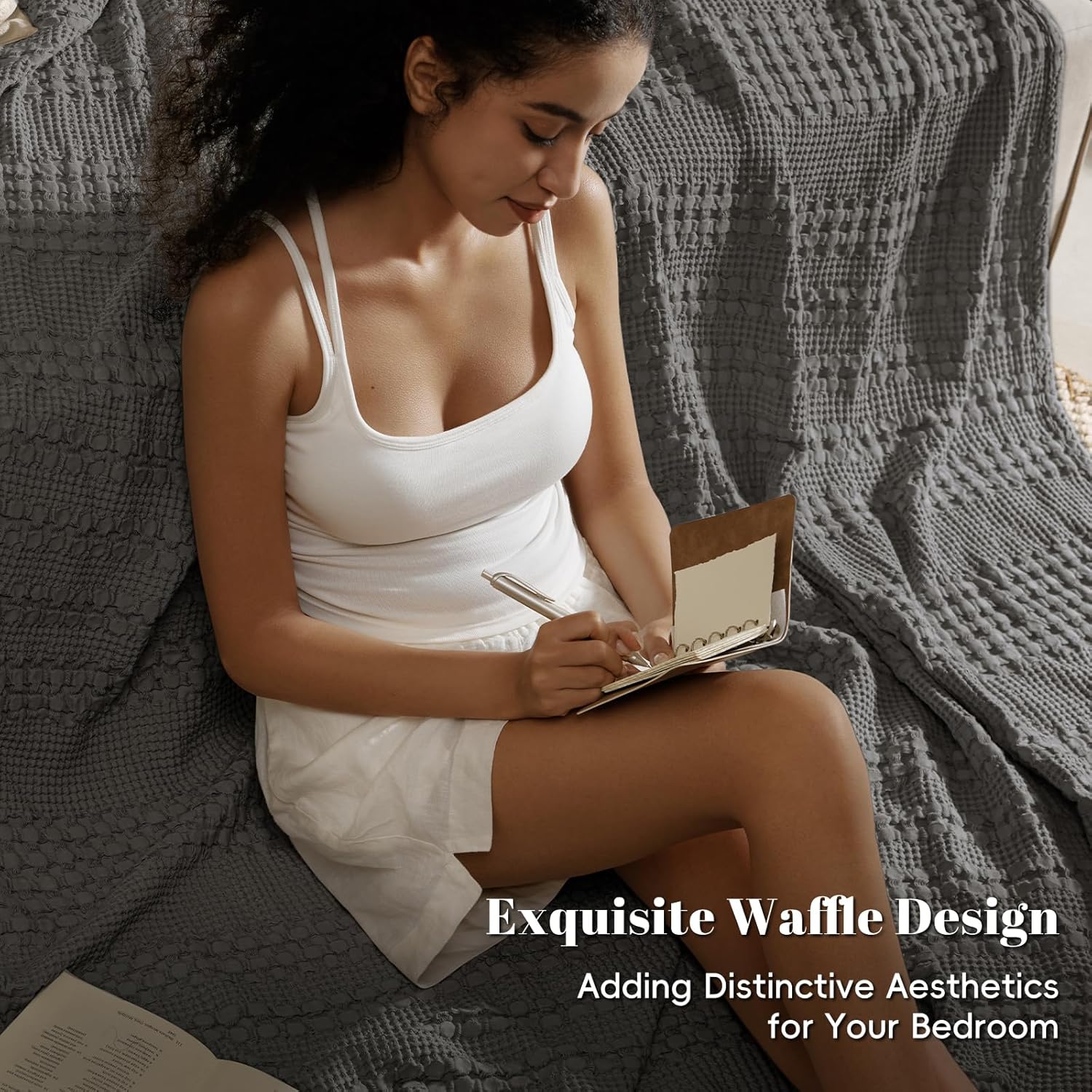 PHF 100% Cotton Waffle Weave Blanket King Size for Bed, Soft Lightweight & Breathable for Spring and Summer, All-Season Comfort, Luxury Aesthetic Blanket for Home Decor, 108"x90", Charcoal Grey - Image 4