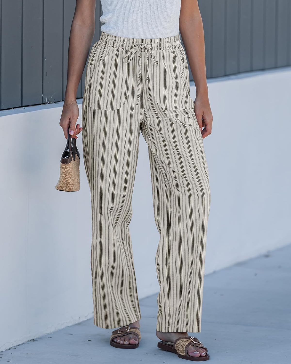 GRAPENT Linen Pants Women Wide Leg Striped High Waisted Pull On Elastic Waist Casual Summer Beach Vacation Palazzo Pants - Image 2