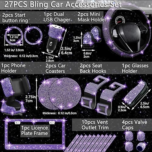 Miniatura 89 de NBTEPEM - Juego de 27 accesorios brillantes de automóvil para mujer, funda de volante de ajuste universal de 15'', marco para placa, soporte