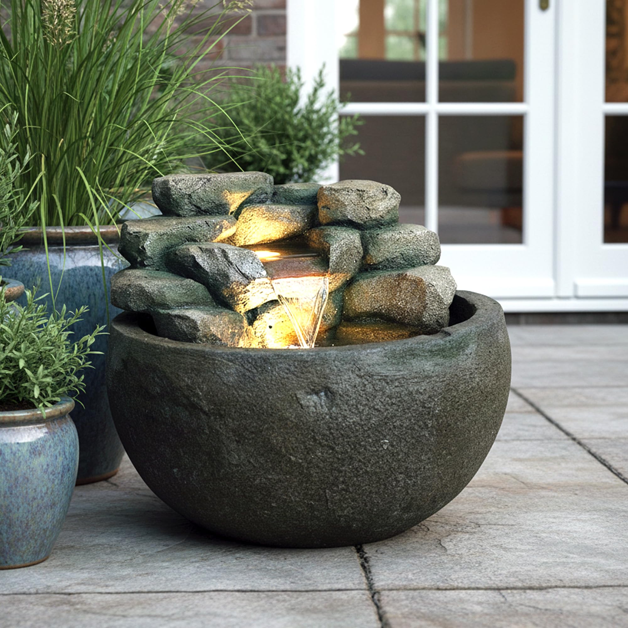 Gartenbrunnen BK911 Ø50 cm – Runder Springbrunnen in Steinoptik mit Wasserfall, warmweiße LED Beleuchtung Deko Teich