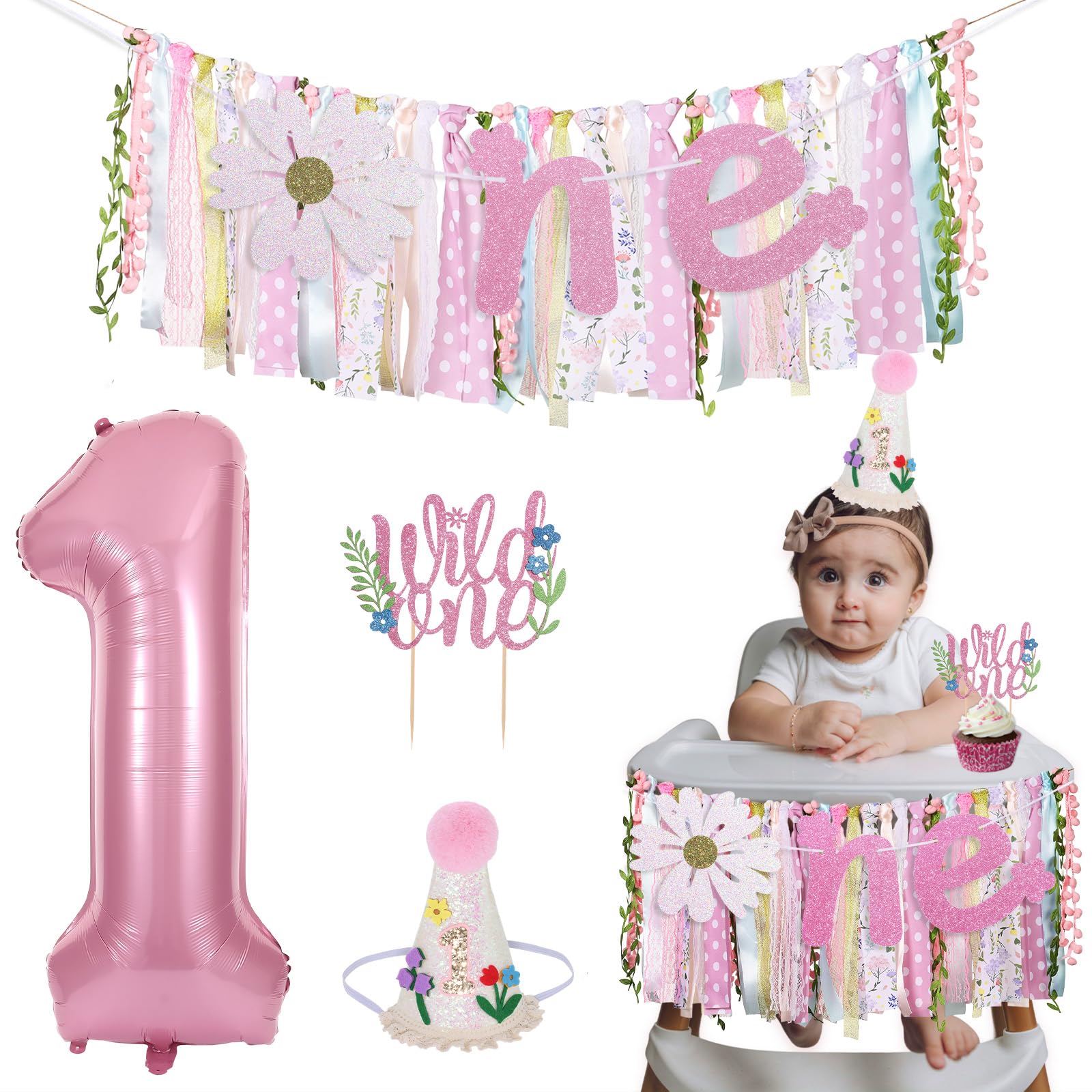 Wild One Flower Highchair Banner for First Birthday Party Decorations