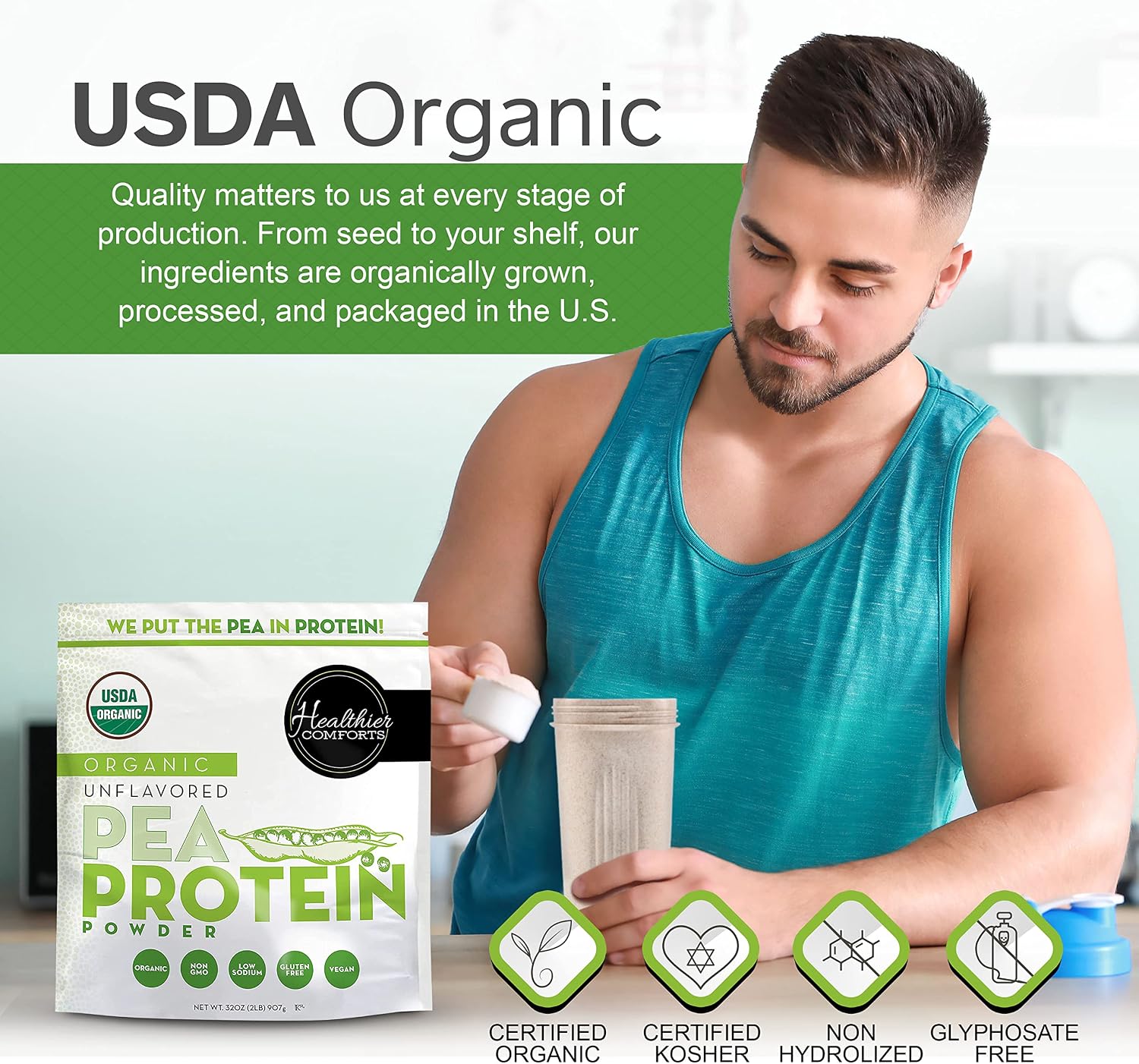 Healthier Comforts Pea Vegan Protein Powder w/Low Sodium | 100% Plant Based Protein Powder | Kosher, Gluten Free, Non-GMO, Keto Friendly, Organic Protein Powder | Unflavored Protein Powder 32oz