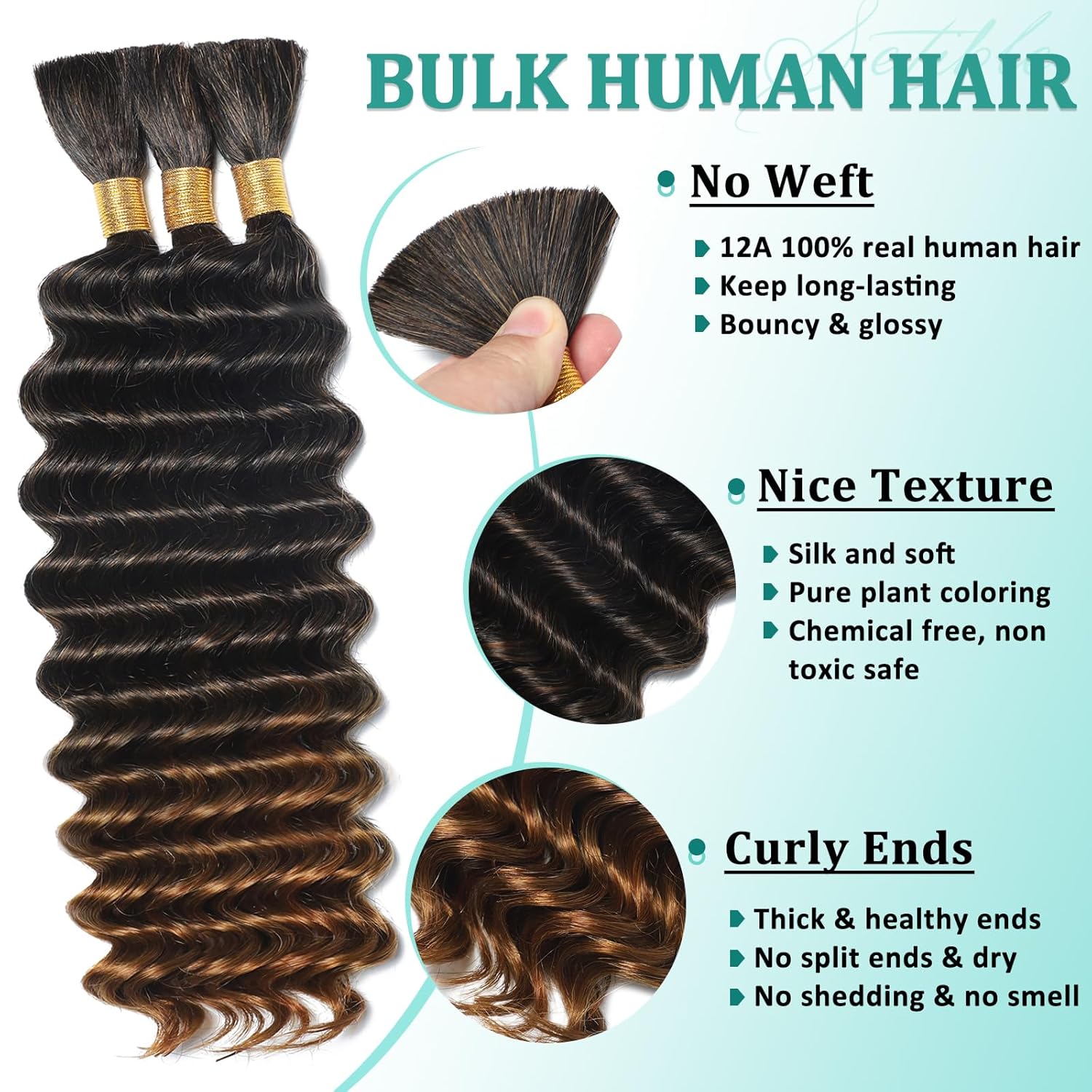 Ombre Human Braiding Hair for Boho Braids 16 Inch 120g Deep Wave Bulk Boho Human Hair for Braiding Curly Knotless Bohemian Braids 12A 100% Brazilian Virgin No Weft Extensions 3 Bundles/Pack T1B/30