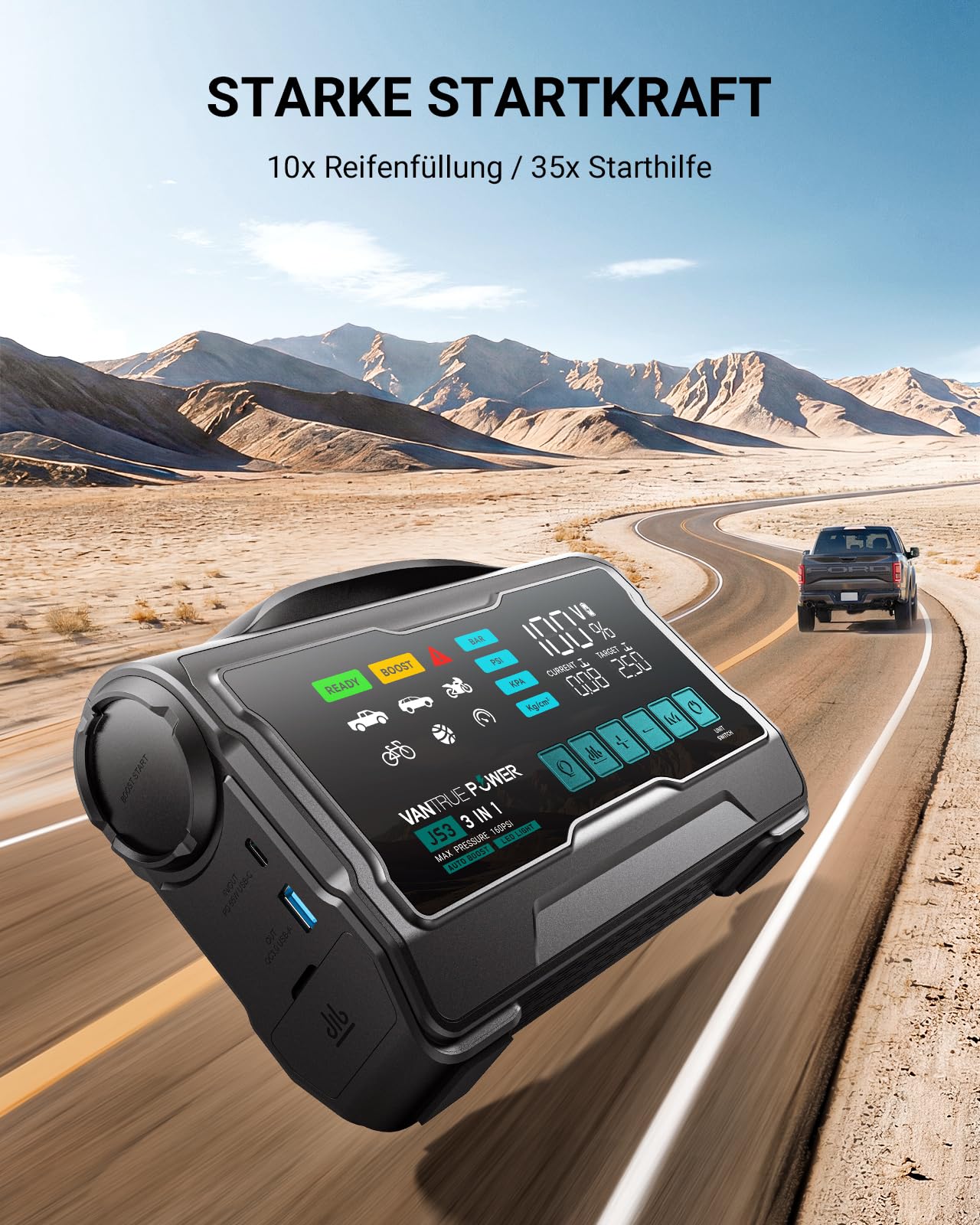 JS3 3250A Starthilfe Powerbank für PKW mit 160PSI Kompressor 12V Auto Batterie Booster, 65W Schnelllade, für 10L Gas / 8L Diesel Einsatz in verschiedenen Notfallsituationen