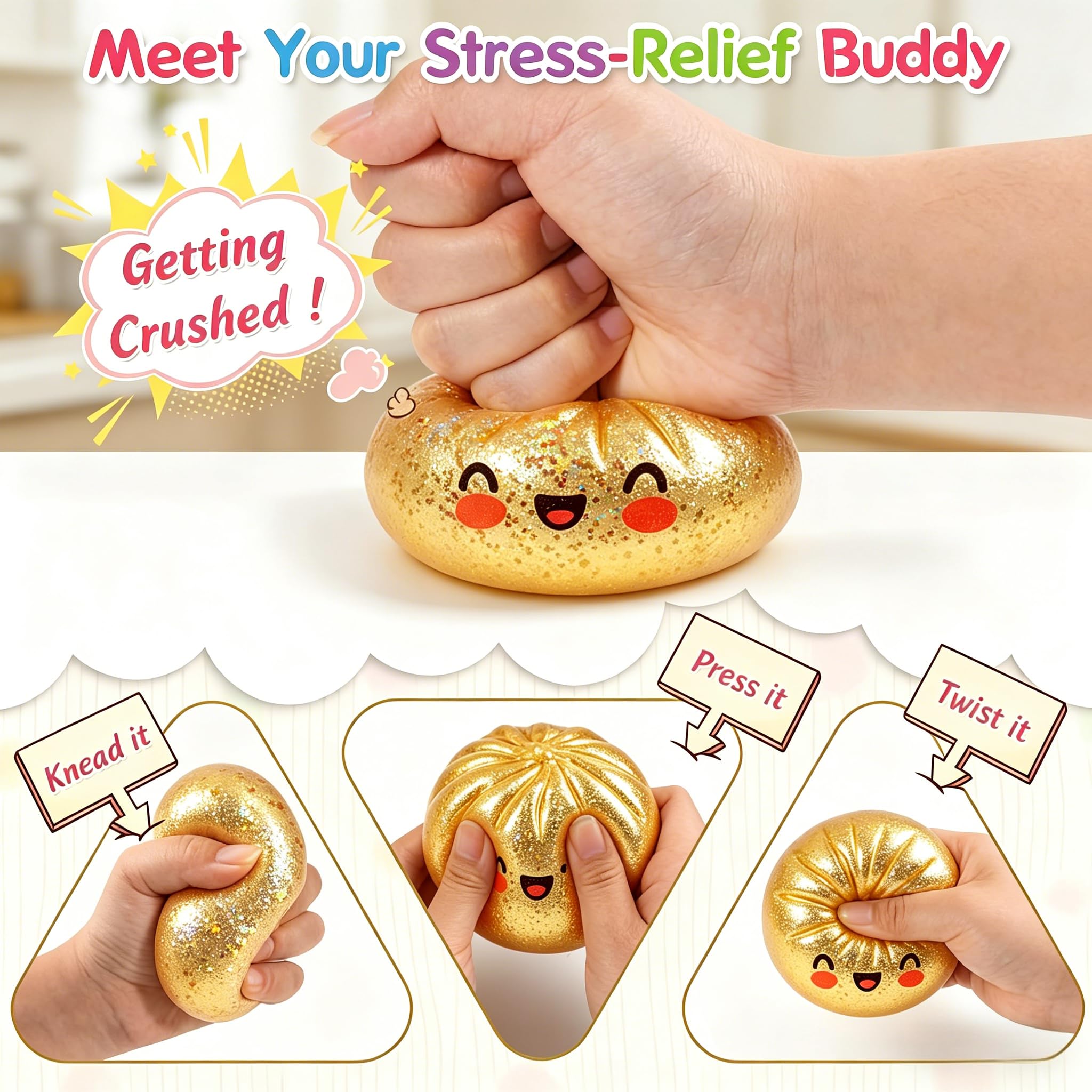 Giant Dumpling Squishy,Mystery Dumpling Squishy,Gigante Glitter Squishys Ravioli,Palla Antistress Gigante,Divertente Giocattolo Antistress Bao Bun Con Vaporiera Per Bambini Adulti Collezione (Dorato)
