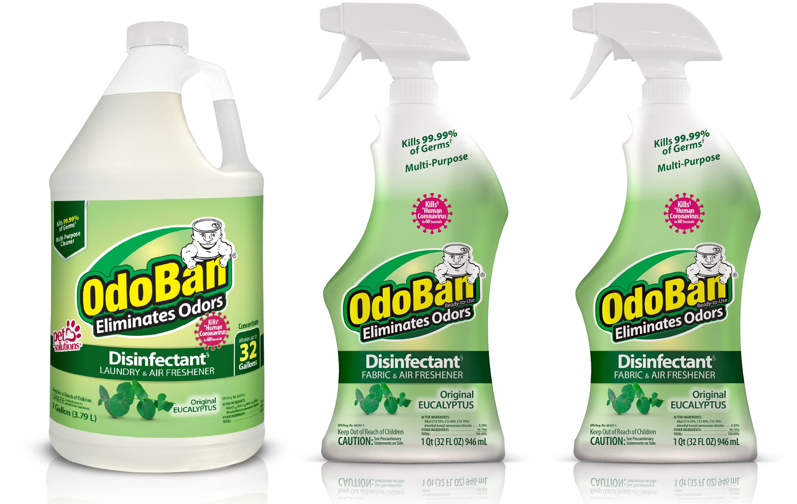OdoBan Ready-to-Use Disinfectant and Odor Eliminator, Made in the USA, Original Eucalyptus Scent, Set of 3, 2 Spray Bottles, 32 Ounces Each and 1 Gallon Concentrate