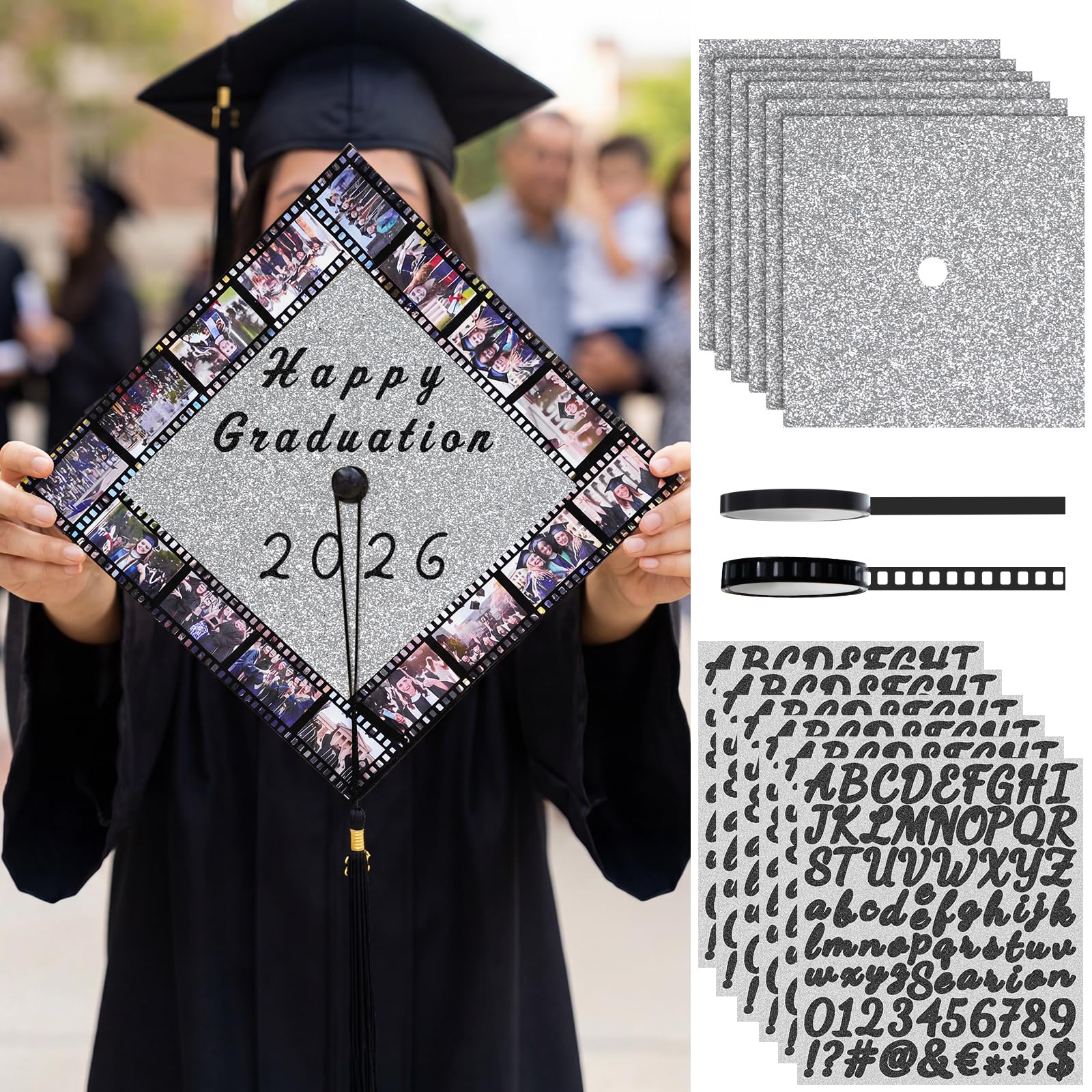 Photo 1 of Gersoniel 6 Sets Graduation Cap Topper Decoration Kit for 2026,Glitter Cardstock,Film Style Tape & Letter Sticker Construction Paper for Graduation Cap for Grad Party Craft DIY Decor(Silver)