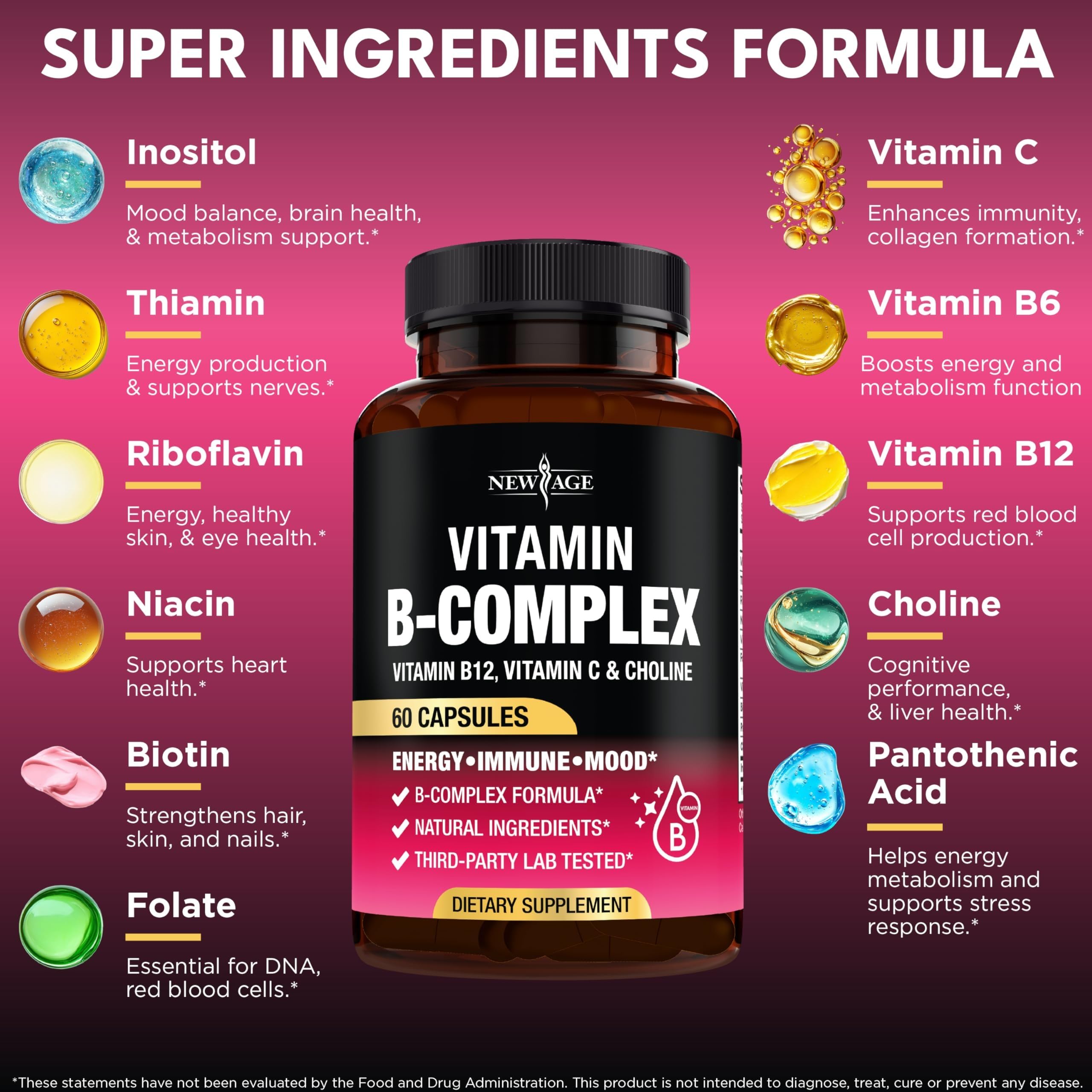 NEW AGE Vitamin B Complex for Men & Women, Made in USA, B-Complex: B1, B2, B3, B5, B6, B7, B8, B9, B12 with Vitamin C, Choline, Inositol, Energy, Brain & Heart Support, 180 Vegan Capsules — Amazon image 3