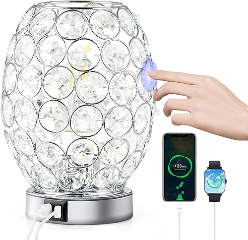 Lámpara de mesa regulable de cristal, lámpara de escritorio con control táctil con 2 puertos USB, lámparas de mesita de noche negras con pantalla de