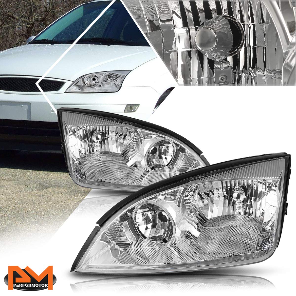 PM PERFORMOTOR Headlights Assembly Compatible with 2005 2006 2007 Ford Focus Pair of Halogen Headlamps with Chrome Housing Clear Corner
