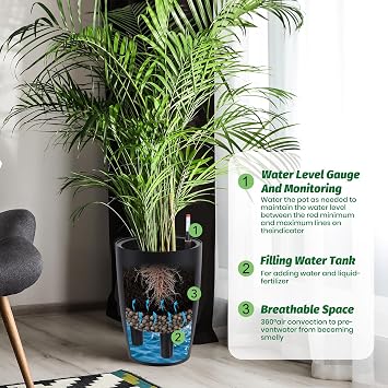 16 Tall Planter Set of 2, Self Watering Pots, Large Planter for Outdoor | Built-in Drainage and a Water Level Monitor, Tall Planters for Patio, Porch, Living Room, Home Office, Black
