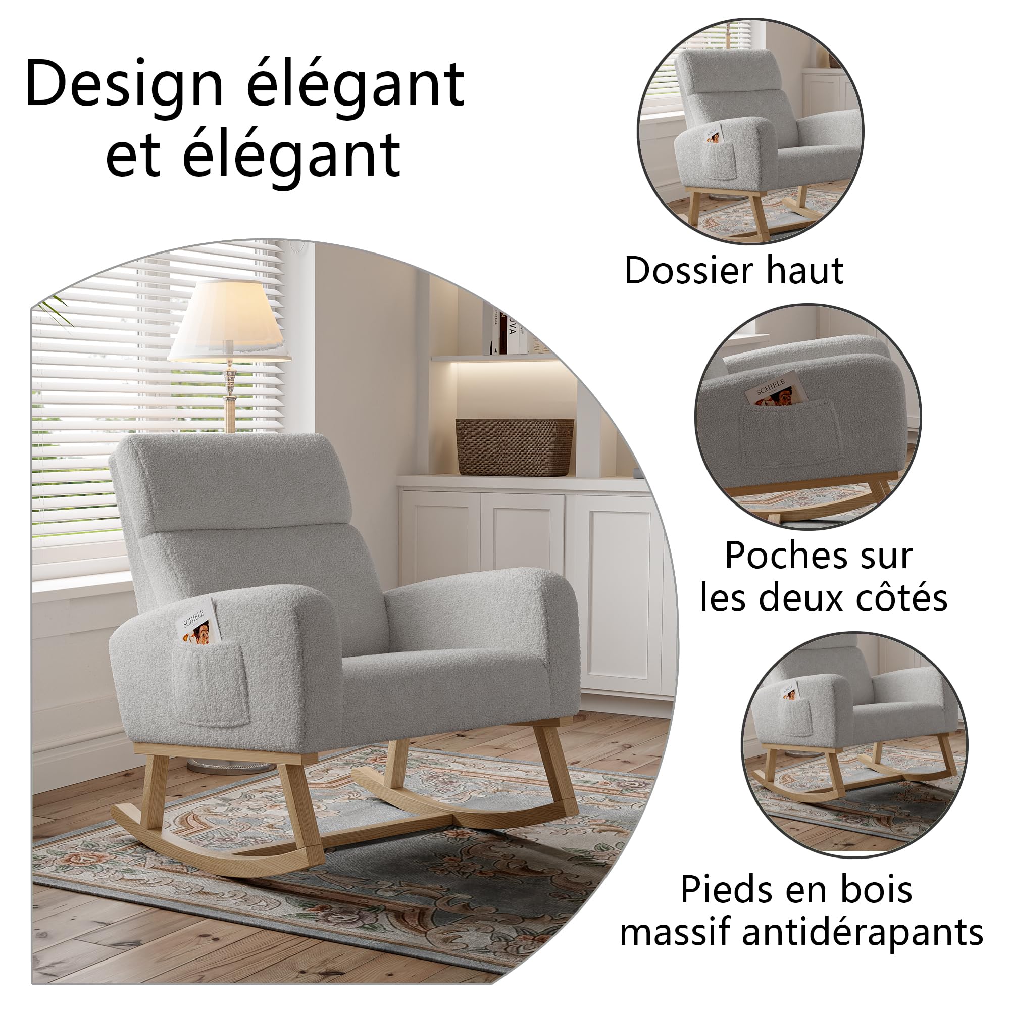 Fotel bujany z podłokietnikami, pikowany fotel bujany Rocking Chair Fotel na biegunach Sypialnia z boczną kieszenią do przechowywania Ergonomiczne wyściełane fotele (szary A, aksamit)