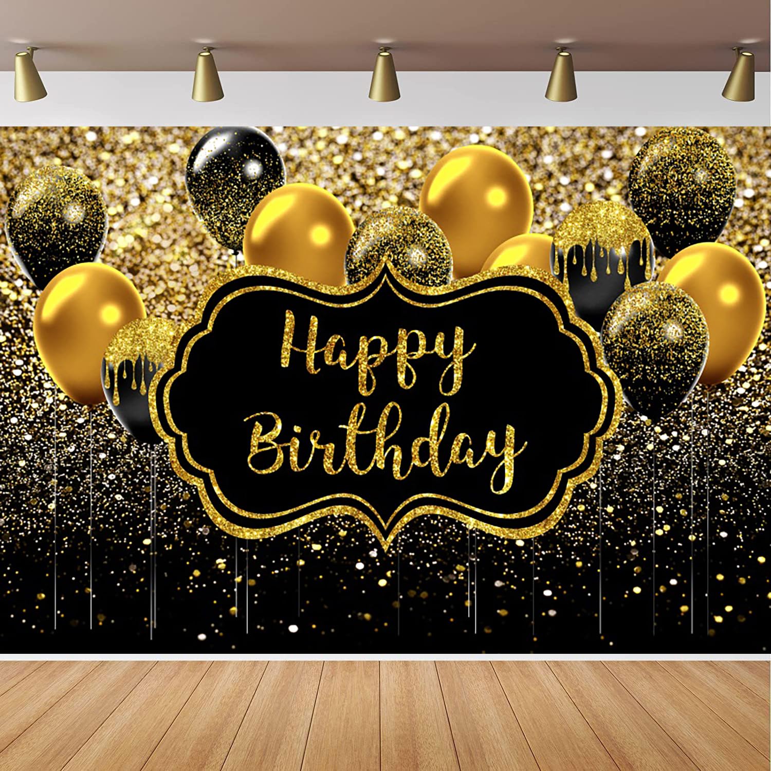 7x5ft Birthday Backdrop Happy Birthday Black and Gold Photography Background Banner Baby Kids Adults Birthday Party Cake Table Wallpaper Photo Studio Props