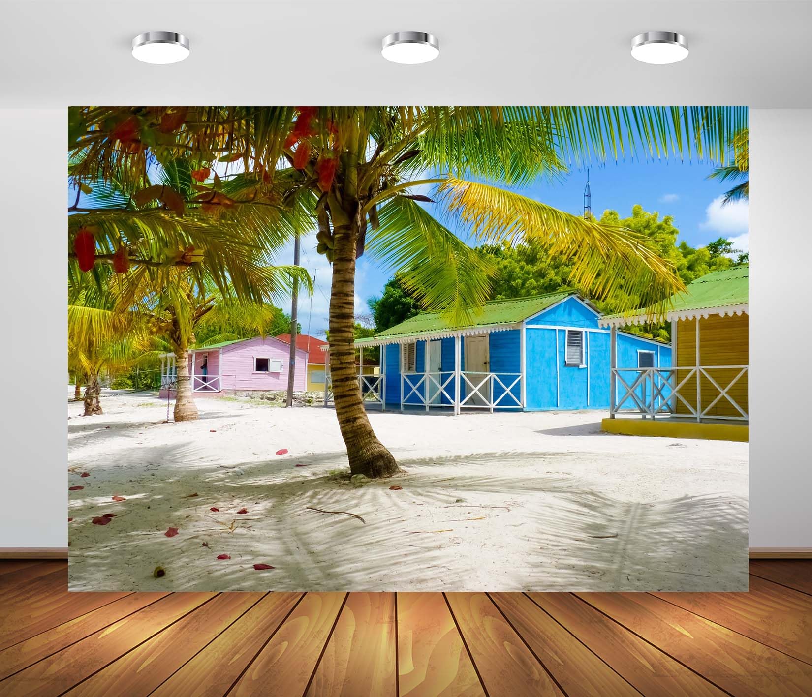 BELECO 10x6.5ft Fabric Tropical Island Backdrop Dominican Republic Beach Colorful Houses Palm Trees Photography Background Summer Travel Theme Party