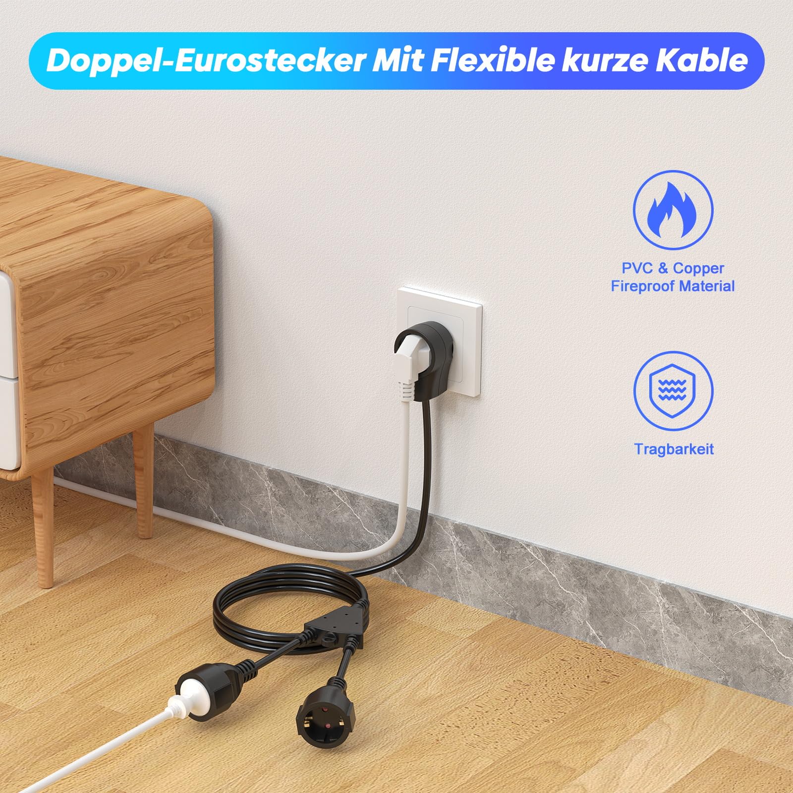 Cavo Di Alimentazione HITRENDS 3m Con 2 Prese E Spina Schuko Piatta – IP44 Per Esterno E Interno, 250V/16A