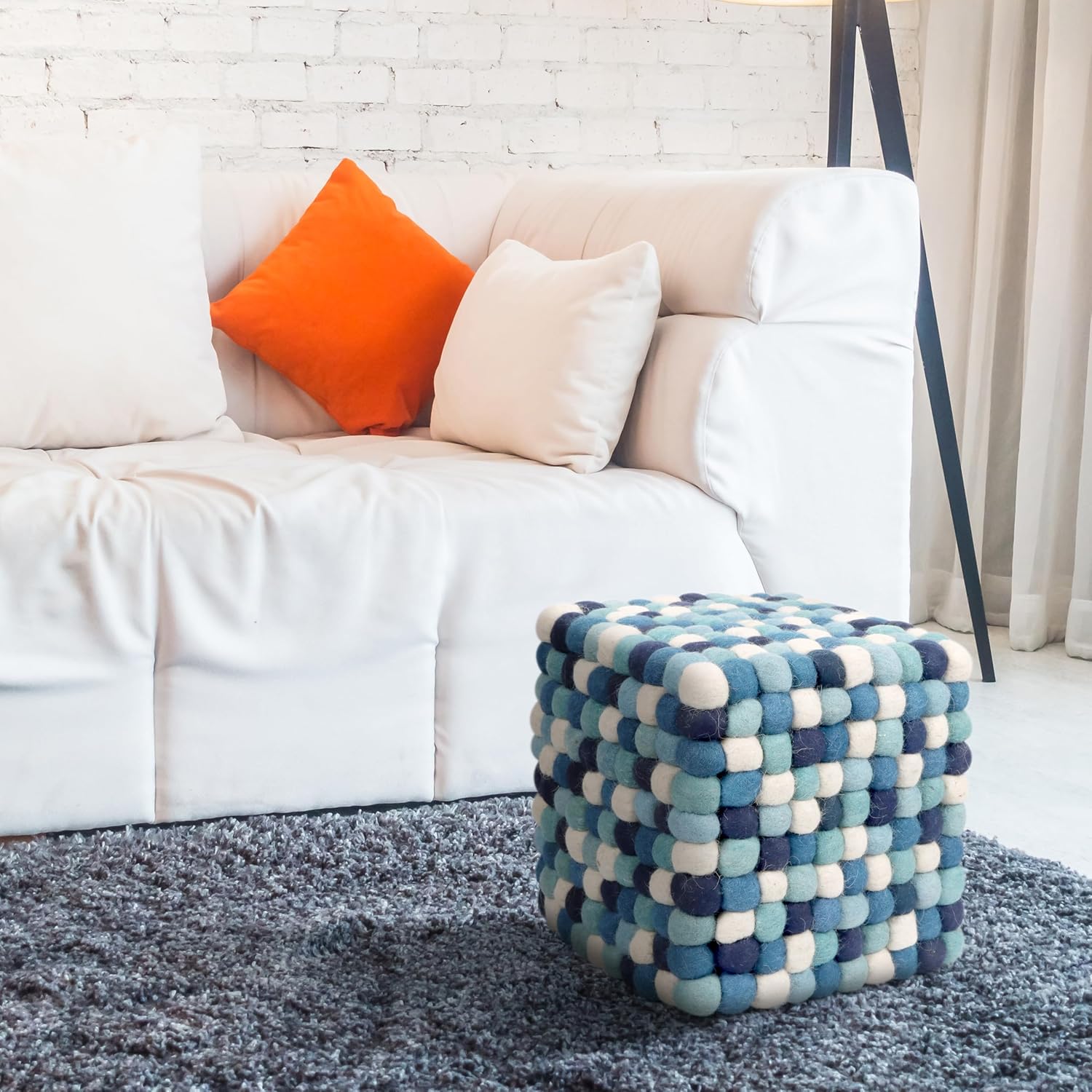 CLEENTABLE 12" Braided Square Pouf - Wool & Polystyrene Ottoman Footrest – Boho Style Floor Seat for Living Room or Bedroom (Blue White)