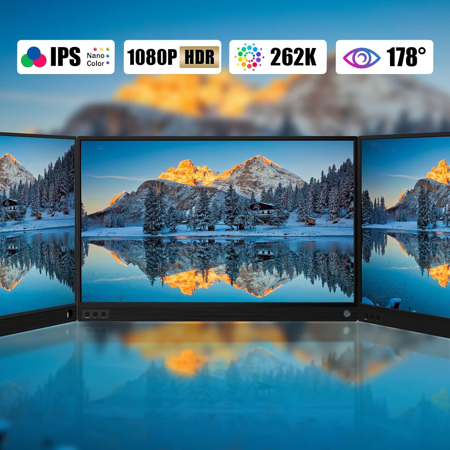 Three ZEUSLAP portable monitors arranged to show the wide 178-degree viewing angle of the IPS panel, with icons for IPS, 1080P, HDR, 262K colors, and eye protection.