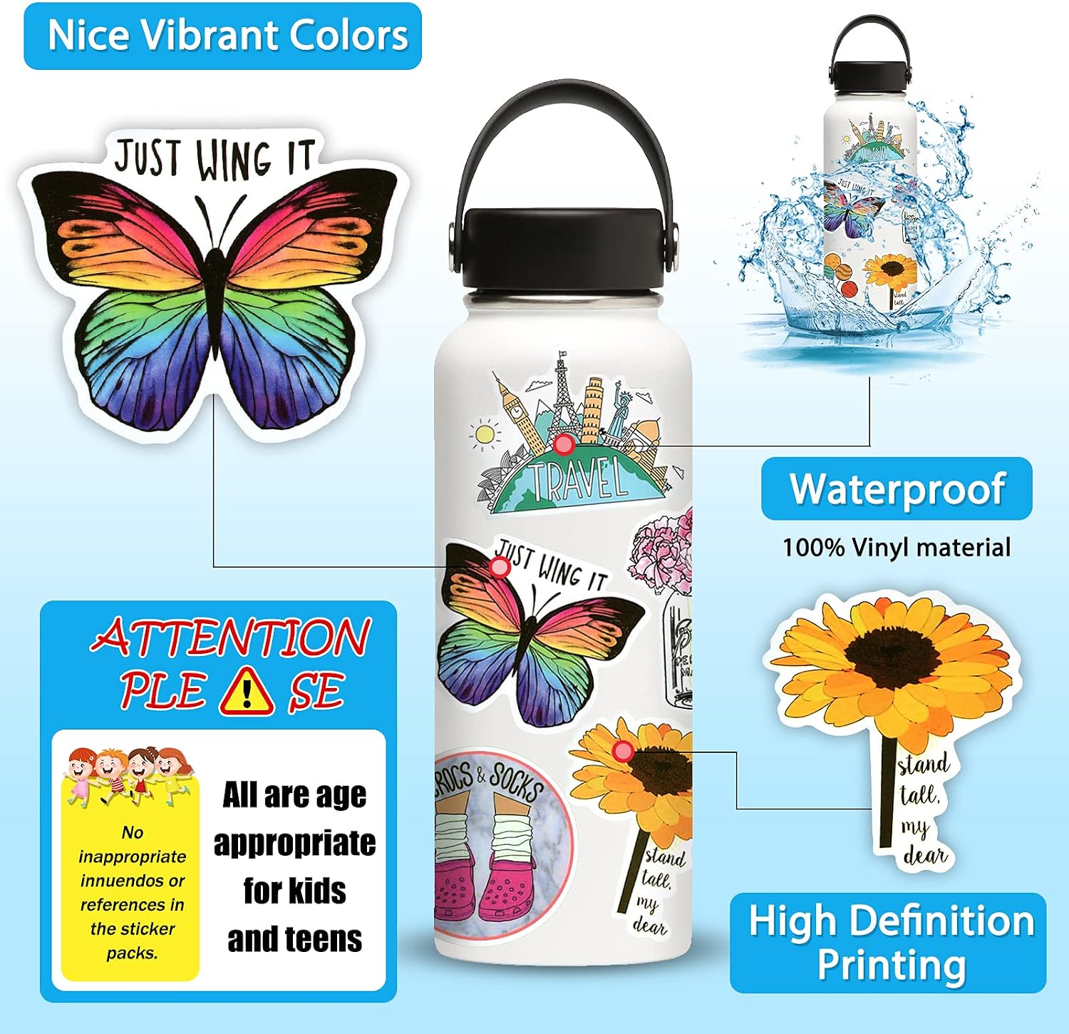 300Pcs Cute Variety Stickers Pack, Large Size, Appropriate for All Ages, Waterproof Vinyl Sticker for Laptop Water Bottle Skateboard, Aesthetic Sticker Decals for Teens Girls Kids