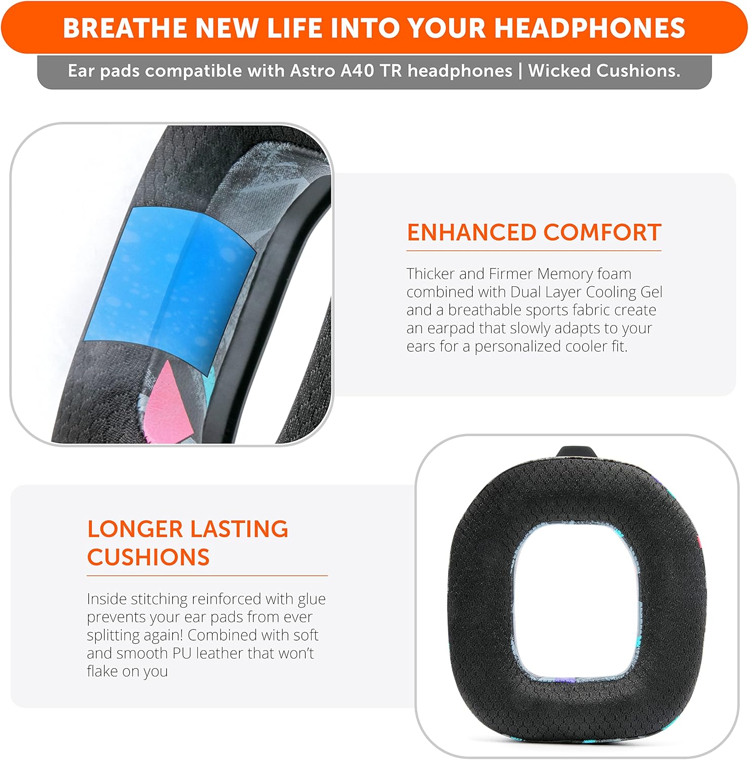 WC Freeze A40- Hybrid Fabric Cooling Gel Replacement Earpads for Astro A40 TR Only, Made by Wicked Cushions, Improved Durability, Thickness and Sound Isolation | 90's Black