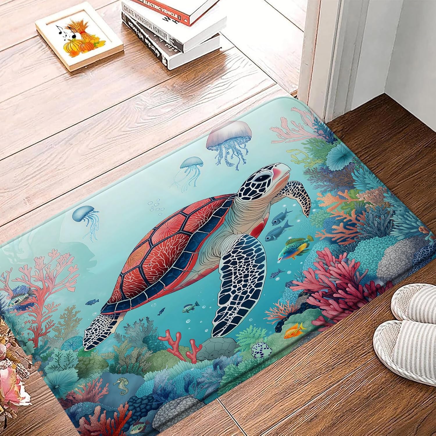 Sea Turtle Bath Mat Teal Blue Ocean Nautical Coastal Fish Beach Seashell Starfish Bathroom Mat Rug Memory Foam Doormat，23.5x35.5 Inch