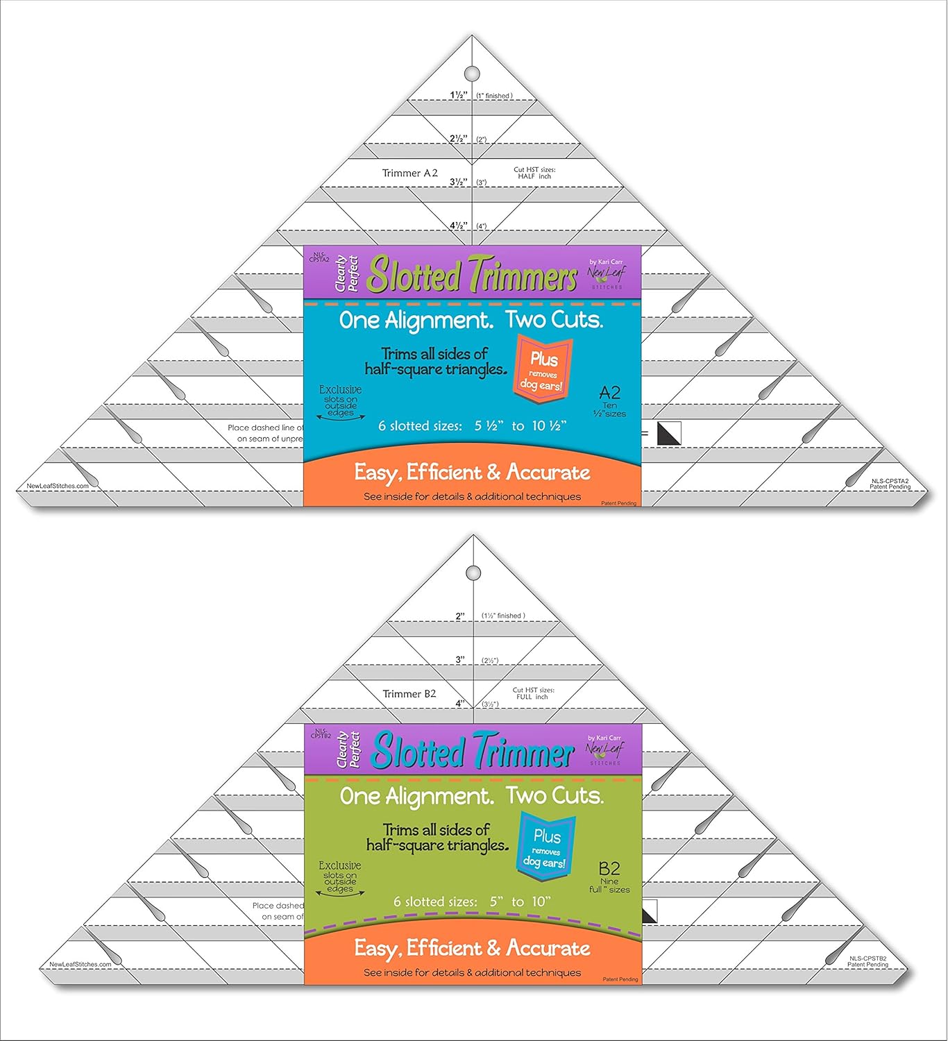 Cleary Perfect Slotted Trimmer A2 and B2 Bundle by New Leaf Stitches – Quilting Ruler Template and Stencil for Cutting All Sides of Larger Half Square Triangles – 12 Slotted Sizes 5 Inch to 10.5 Inch