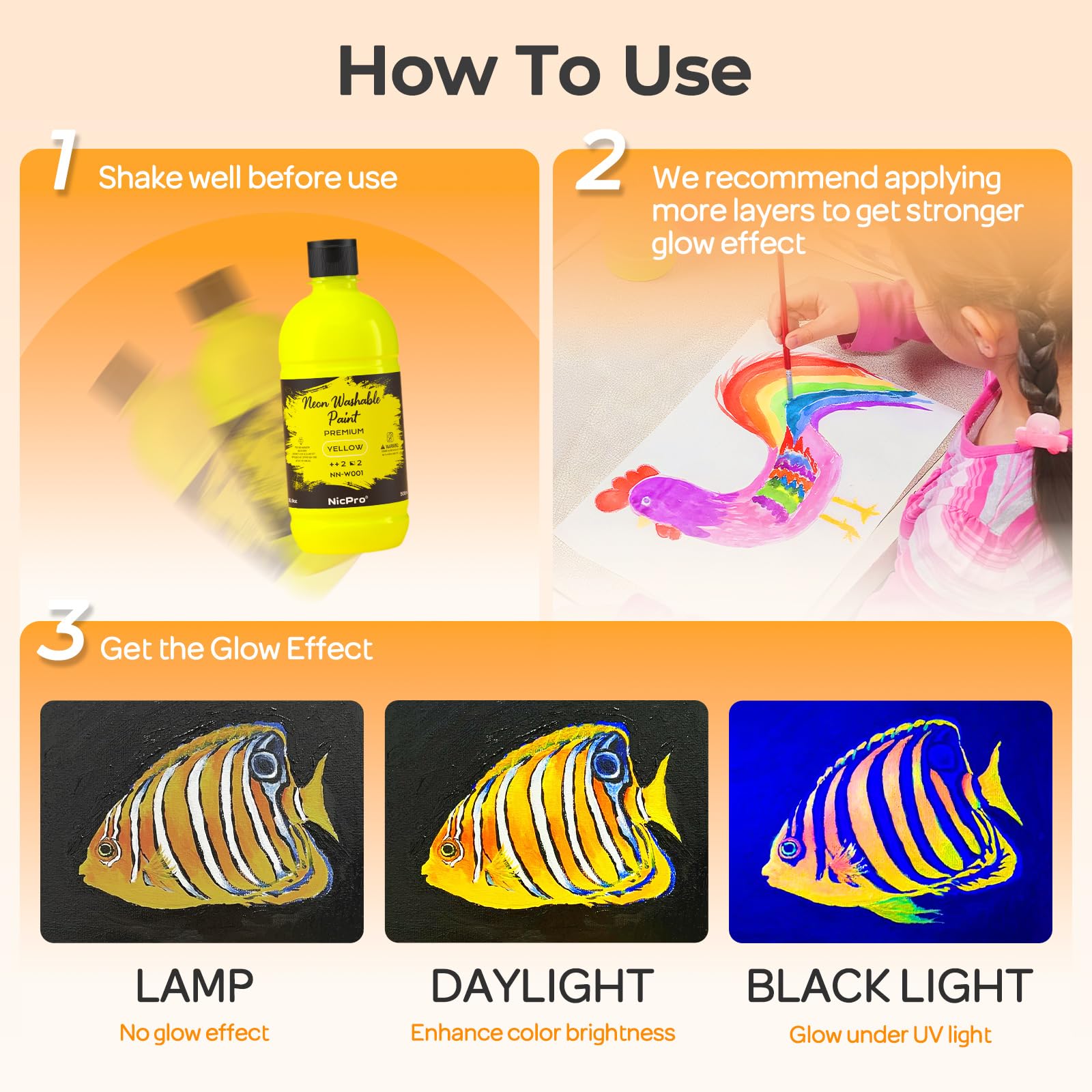 Nicpro Peinture Fluorescente Lavable 6 Couleurs X 500 ml, Peinture Acrylique Luisant Dans Le Noir, Non Toxique, Acrylique Fluorescente pour Bricolage, Vêtements De Fête, Halloween, Noël Déco